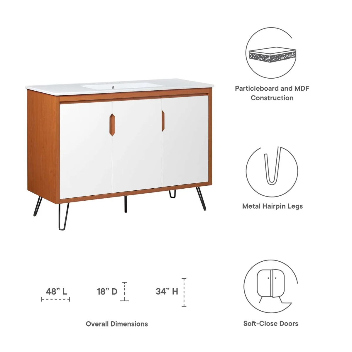 Mid-Century Modern Bathroom Vanity with Ceramic Sink and Storage Drawers - Image 38