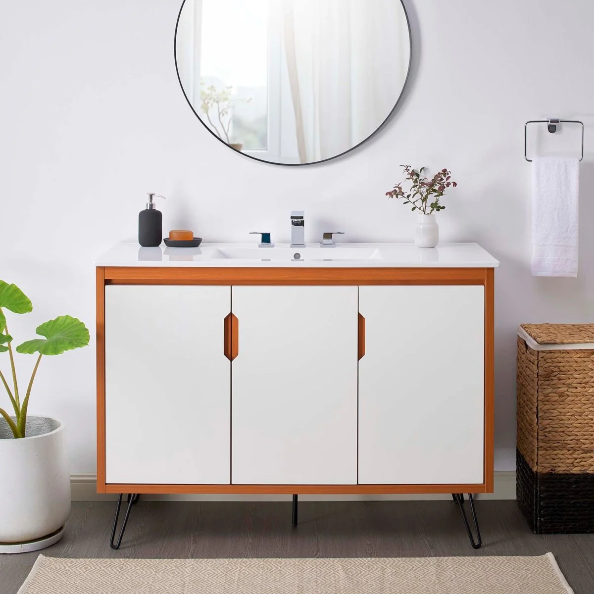 Mid-Century Modern Bathroom Vanity with Ceramic Sink and Storage Drawers - Image 45