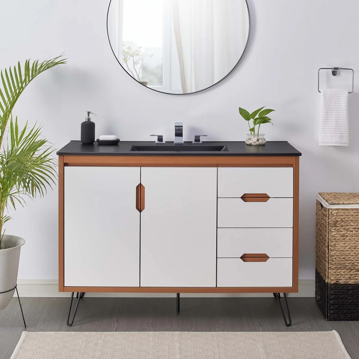 Mid-Century Modern Bathroom Vanity with Ceramic Sink and Storage Drawers - Image 98