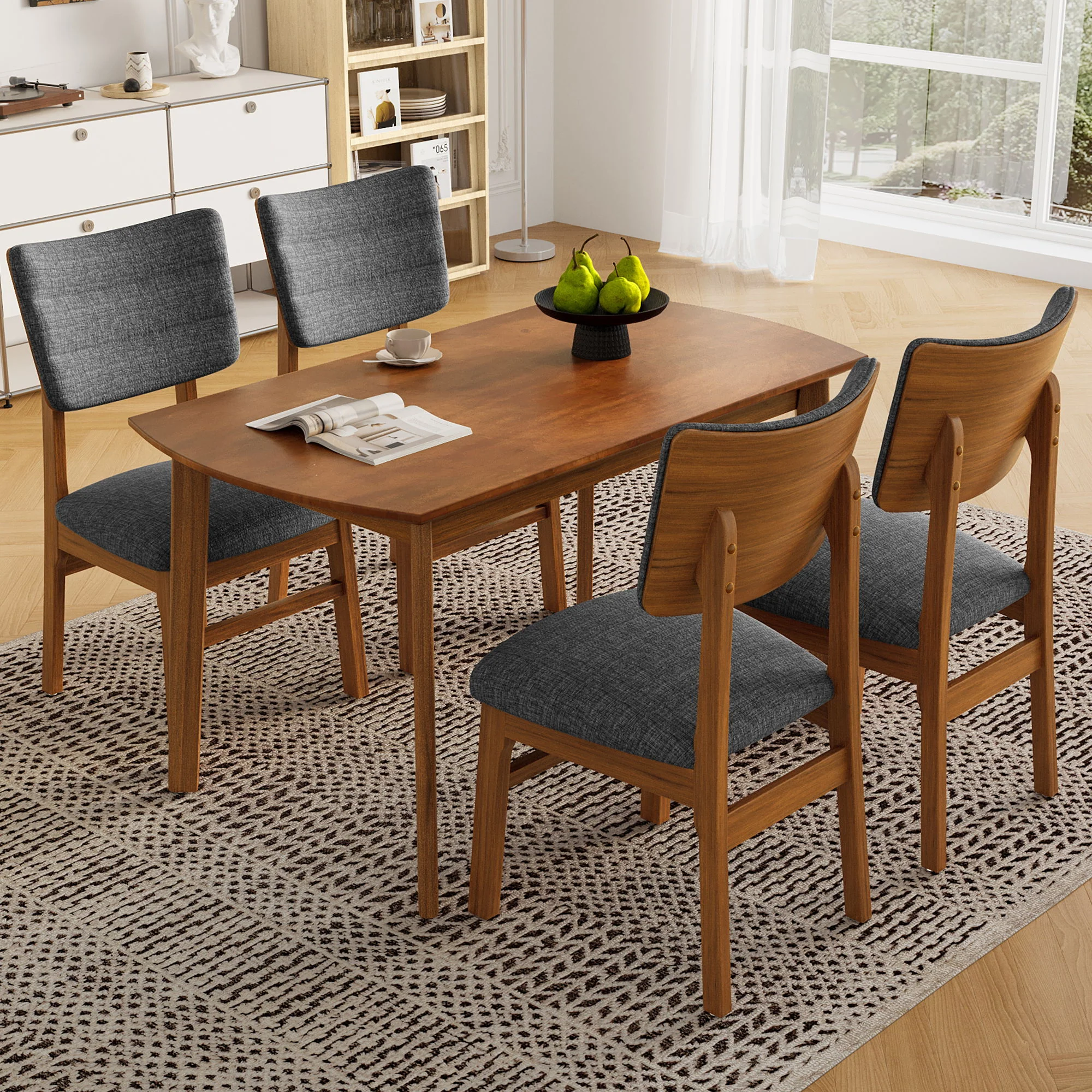 Mid Century Modern Dining Table Set For 4, Solid Wood Dining Table And Solid Wood Chairs, 5 Pieces Farmhouse Dining Table And 4 Upholstered Chairs - Brown / Gray - Image 4