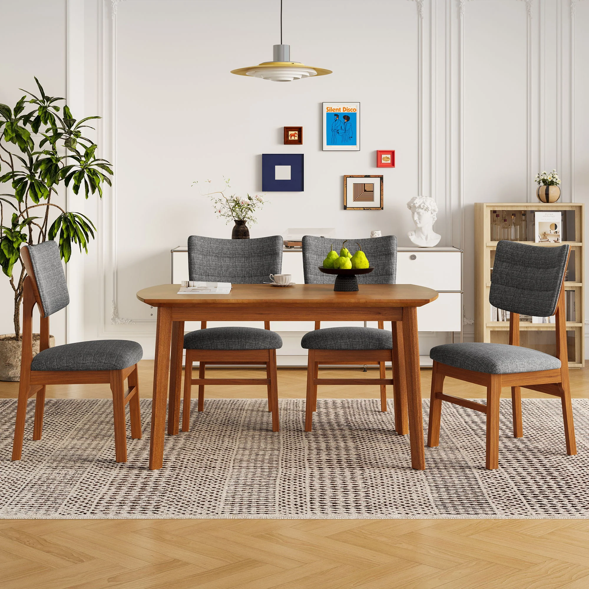 Mid Century Modern Dining Table Set For 4, Solid Wood Dining Table And Solid Wood Chairs, 5 Pieces Farmhouse Dining Table And 4 Upholstered Chairs - Brown / Gray - Image 7