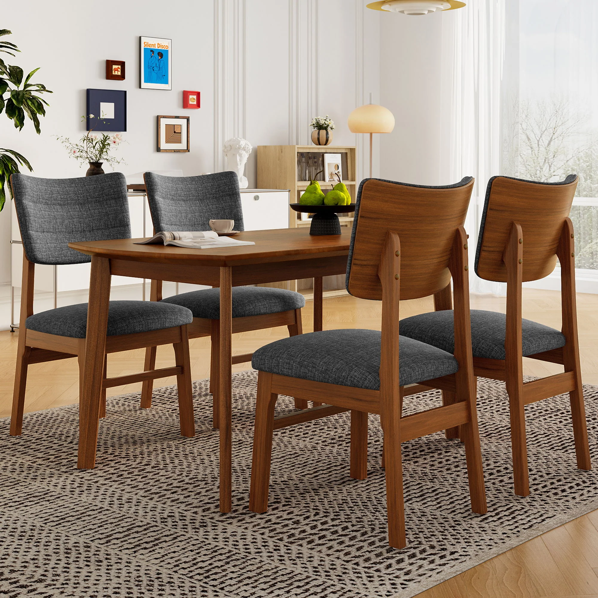 Mid Century Modern Dining Table Set For 4, Solid Wood Dining Table And Solid Wood Chairs, 5 Pieces Farmhouse Dining Table And 4 Upholstered Chairs - Brown / Gray - Image 8