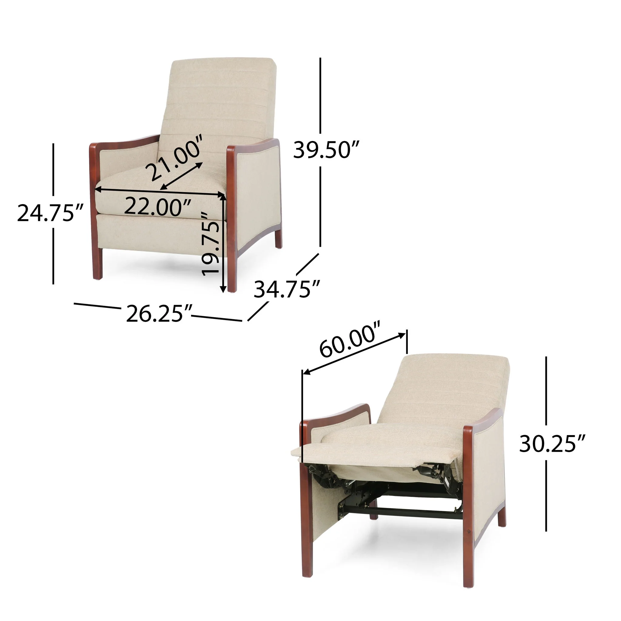 Mid Century Modern Fabric Channel Stitch Wood Pushback Recliner - Image 5