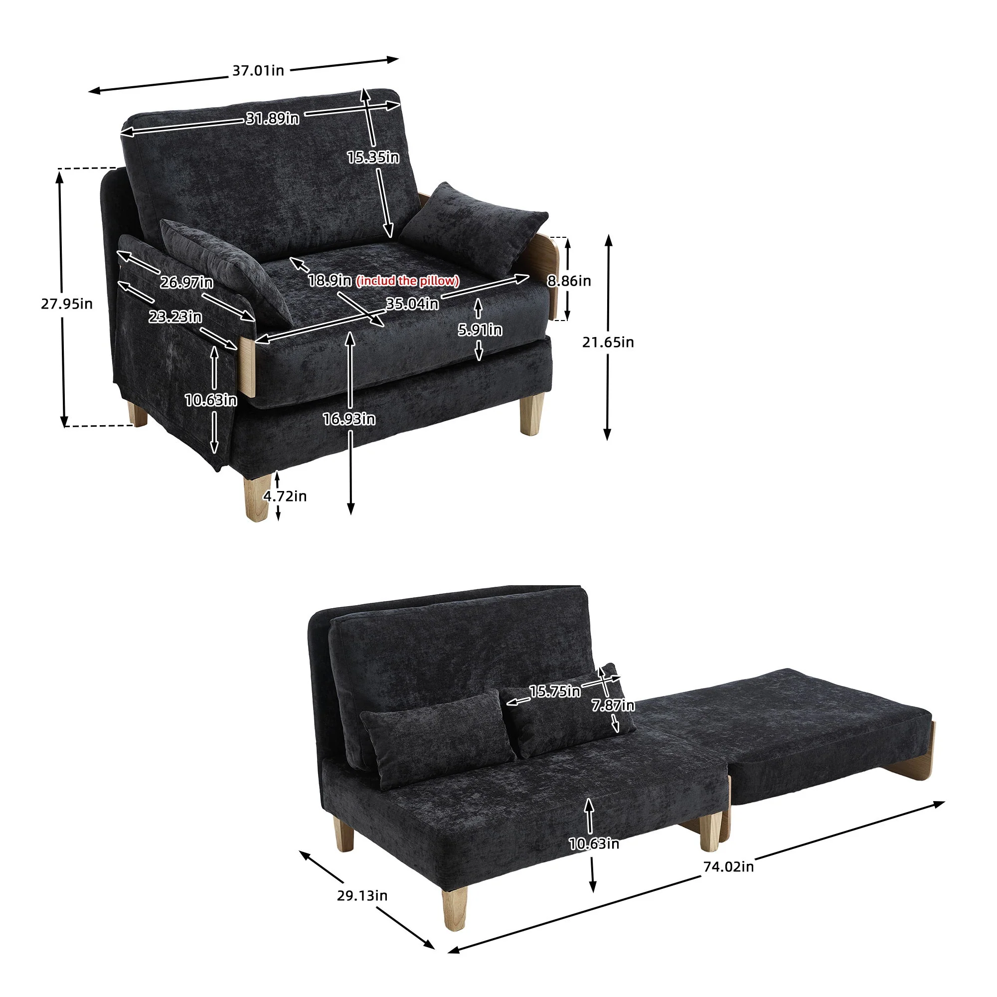 Mid Century Modern Foldable Sofa Bed, 3 In 1 Convertible Sleeper With 3 Pillows - Image 18