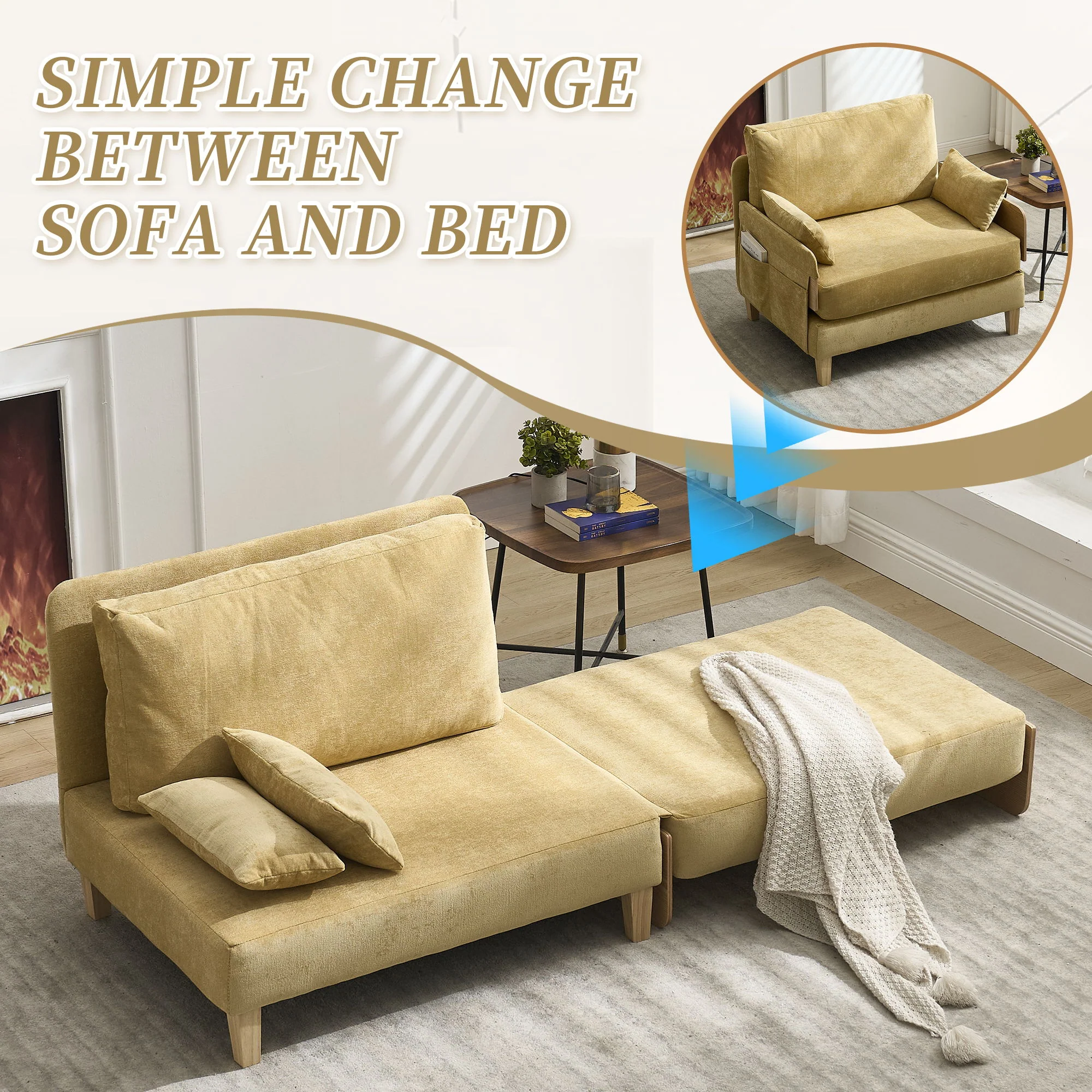 Mid Century Modern Foldable Sofa Bed, 3 In 1 Convertible Sleeper With 3 Pillows - Image 44