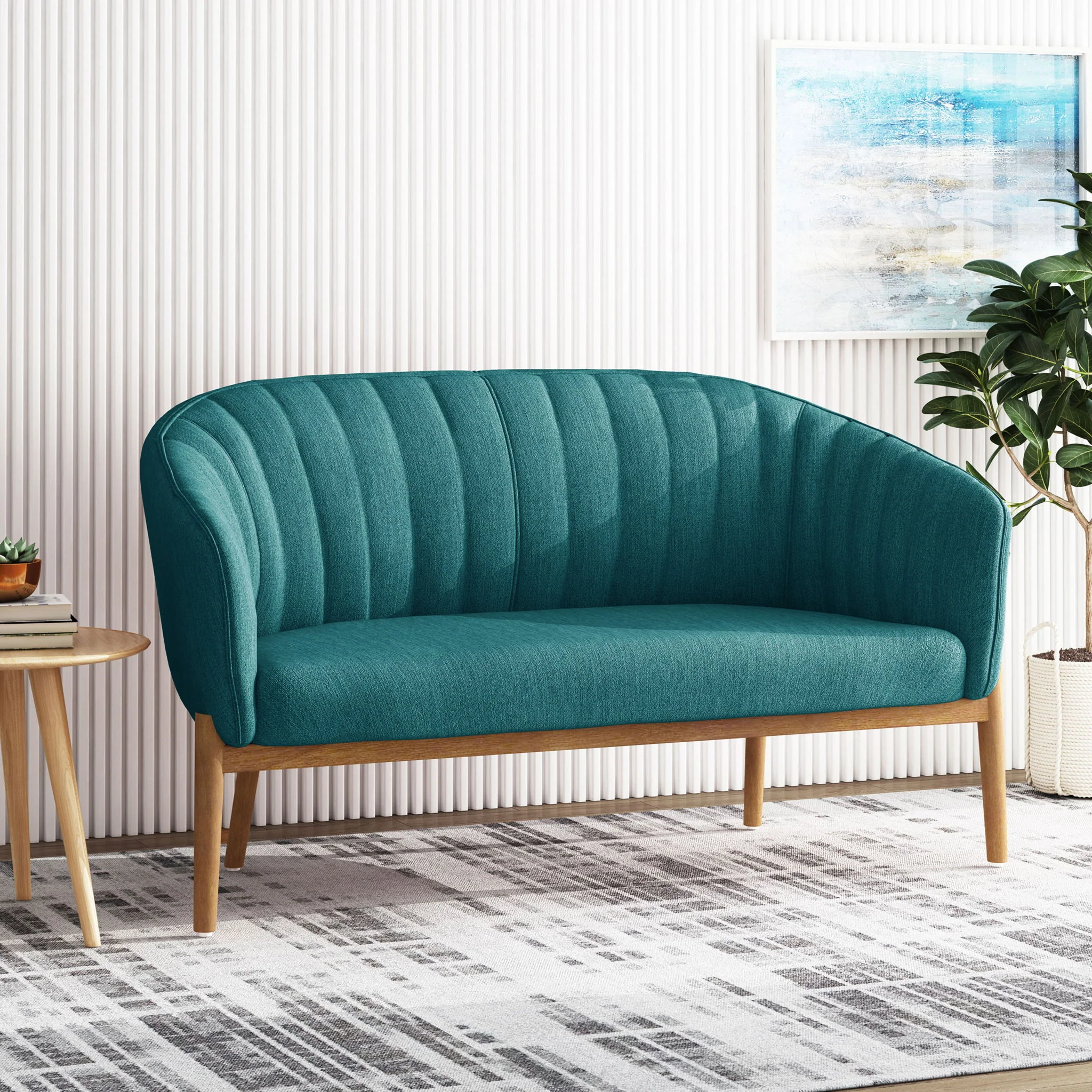 Mid Century Modern Loveseat With Channel Stitched Backrest - Image 12