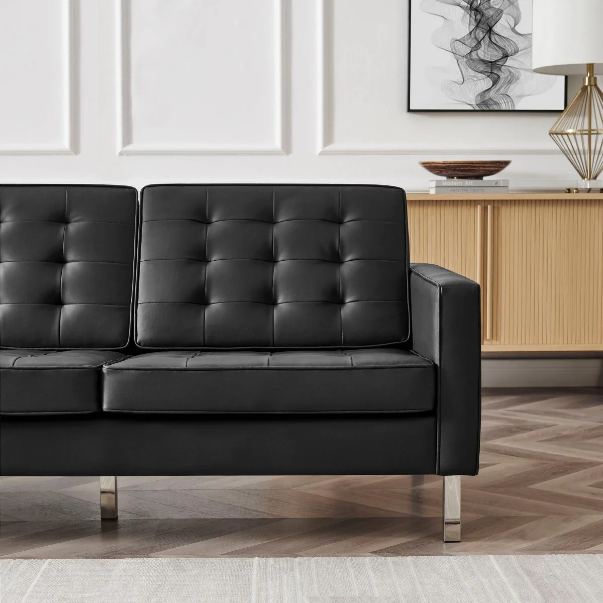 Mid-Century Modern Tufted Vegan Leather Sofa - Image 12