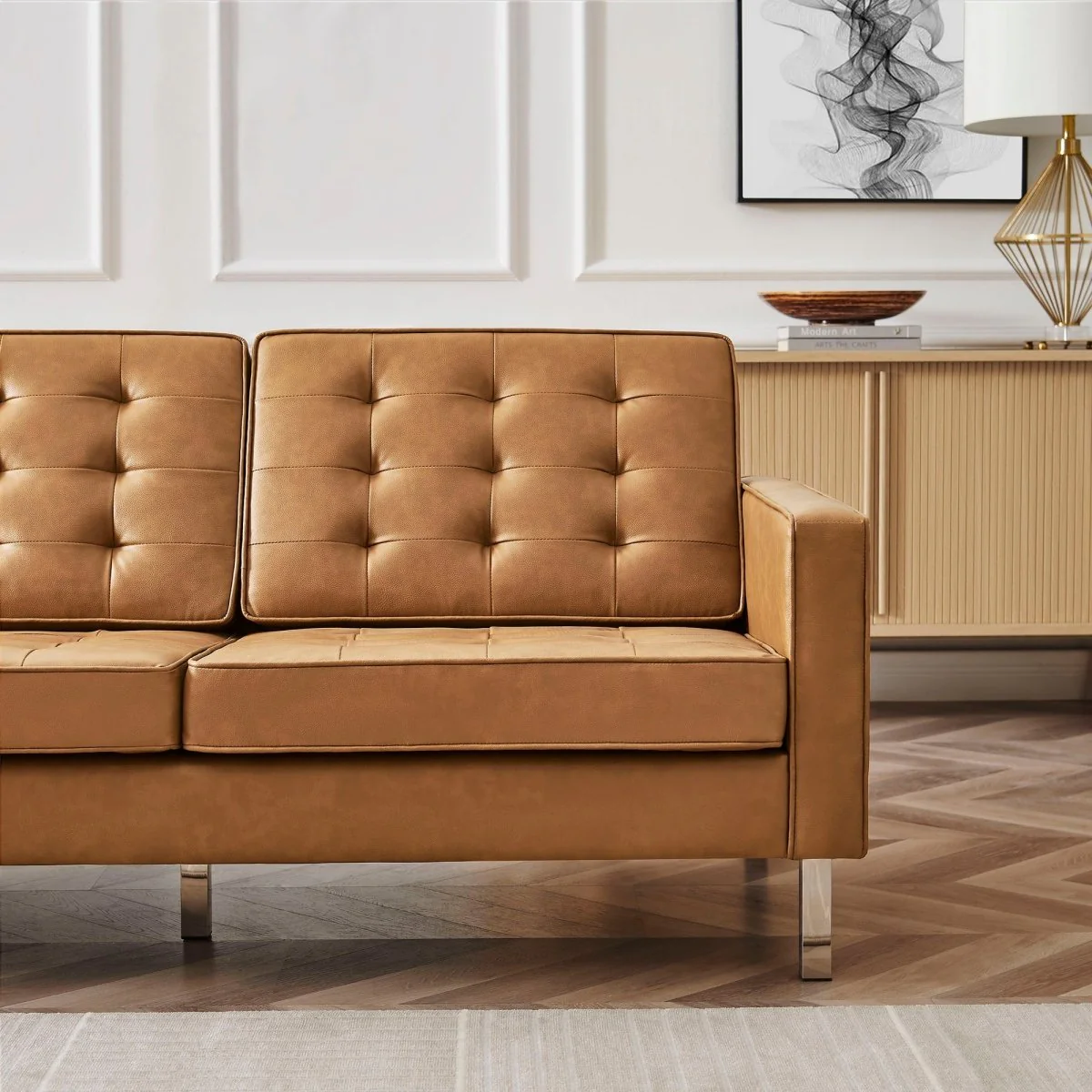 Mid-Century Modern Tufted Vegan Leather Sofa - Image 6
