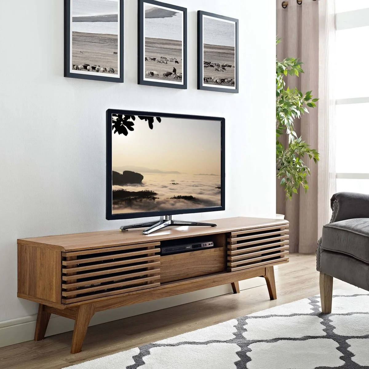 Mid Century Modern TV Stand with Dual Sliding Doors and Drawer 59 Inch - Image 3