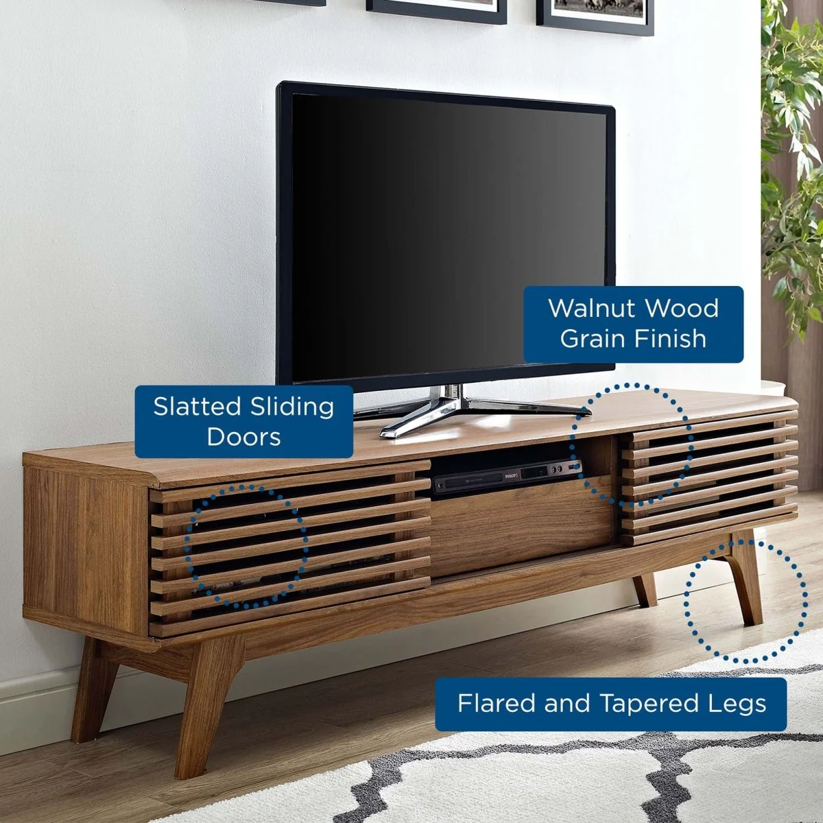 Mid Century Modern TV Stand with Dual Sliding Doors and Drawer 59 Inch - Image 6