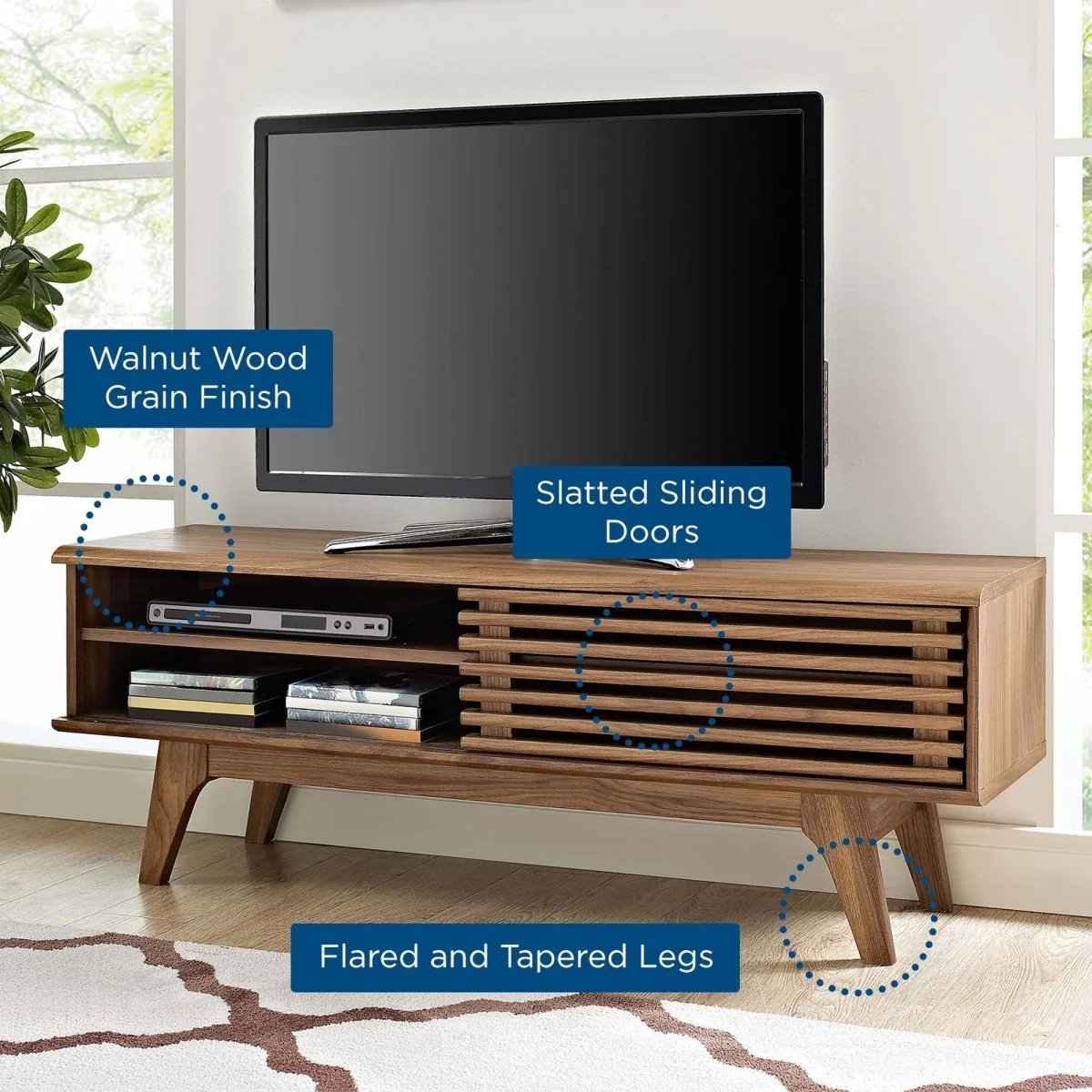 Mid Century Modern TV Stand with Slatted Sliding Door and Storage 48 Inch - Image 10
