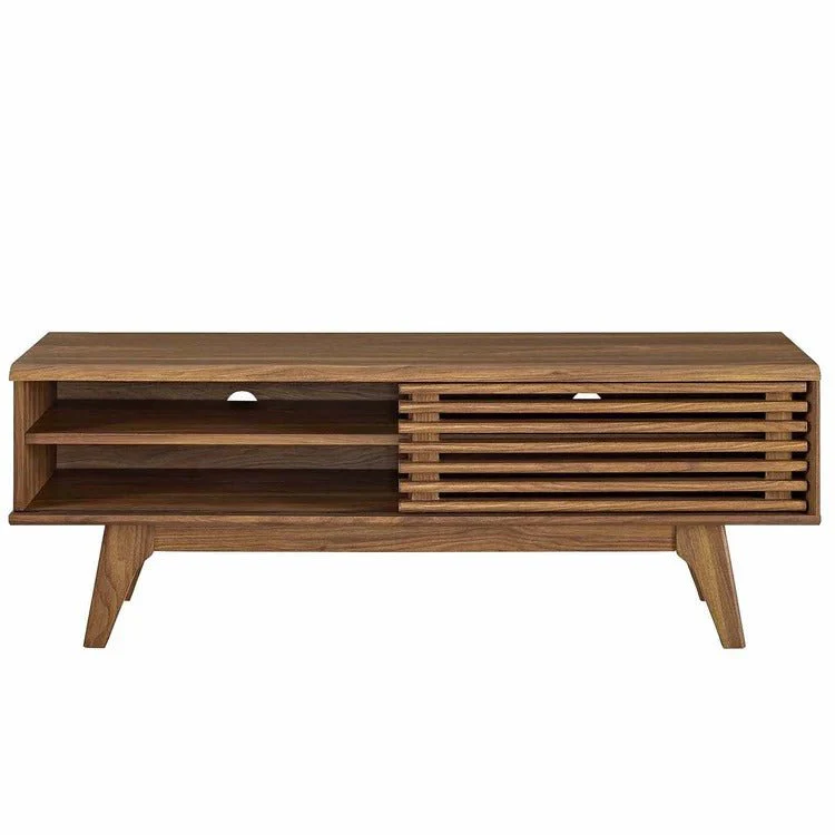 Mid Century Modern TV Stand with Slatted Sliding Door and Storage 48 Inch - Image 15