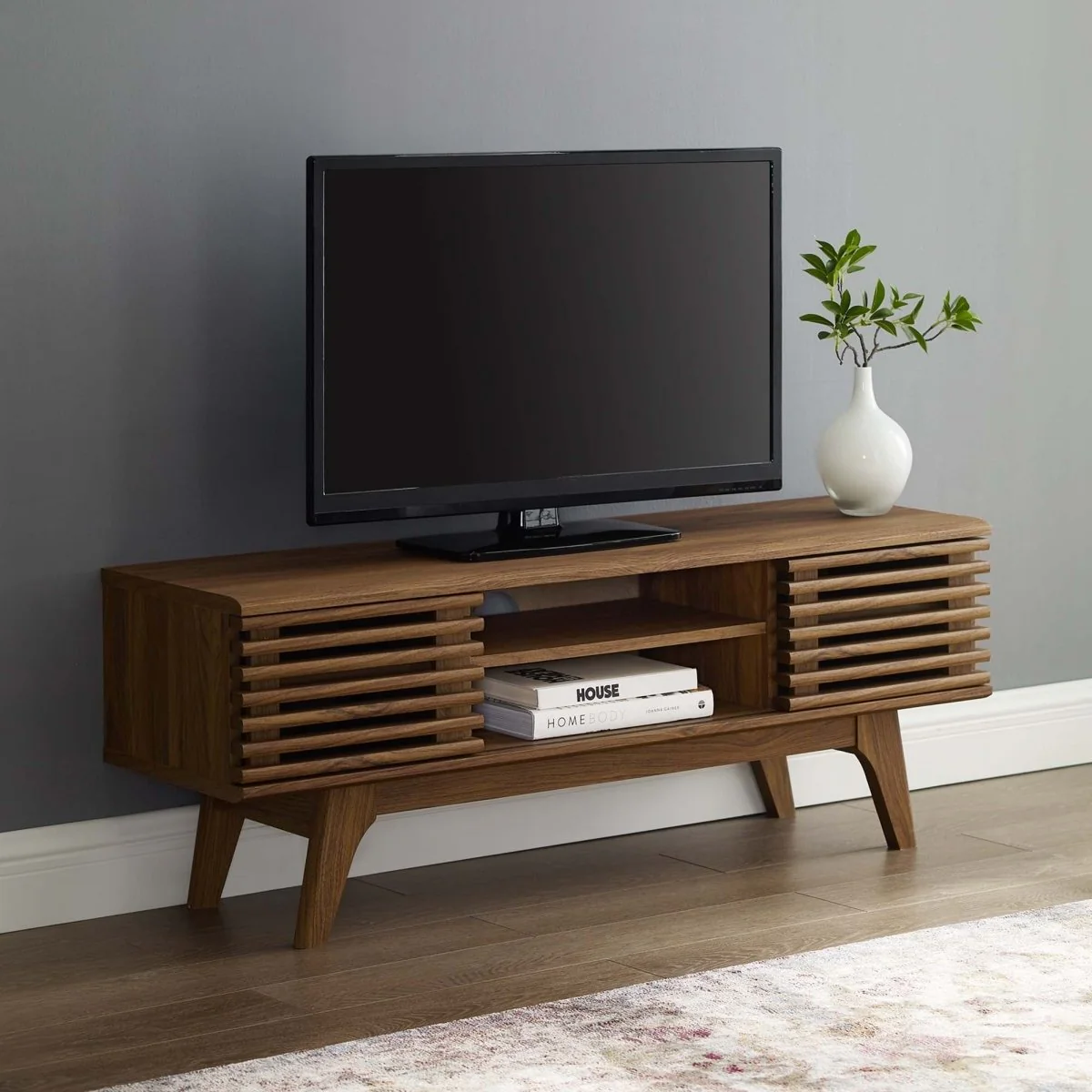 Mid Century Modern TV Stand with Sliding Doors and Adjustable Shelves 46 Inch - Image 5