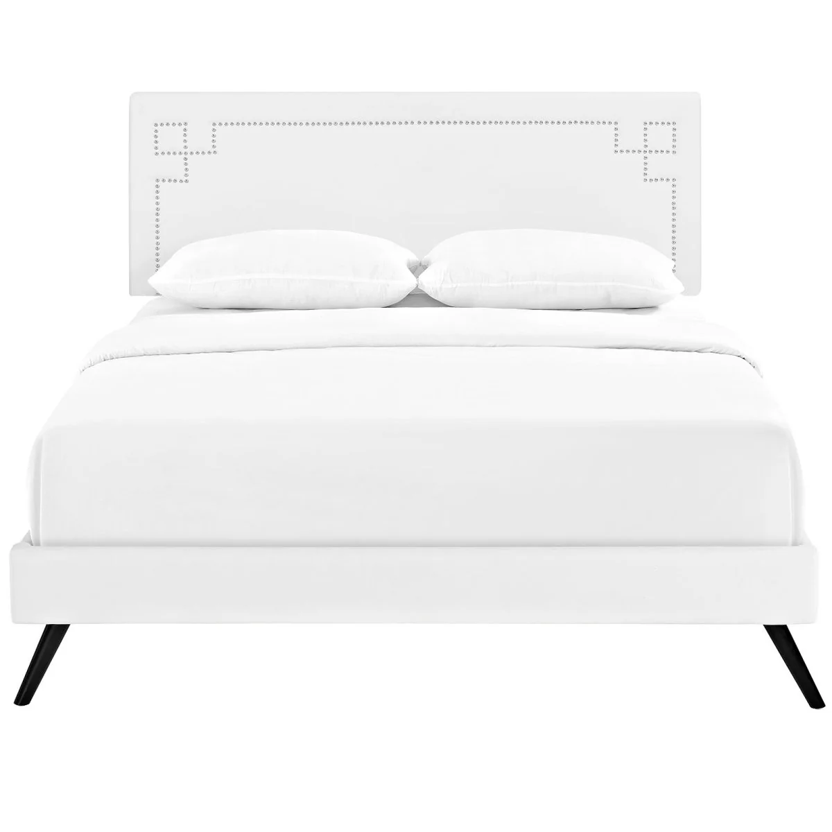 Mid-Century Modern Upholstered Vinyl Queen Platform Bed with Round Splayed Legs in White - Image 3
