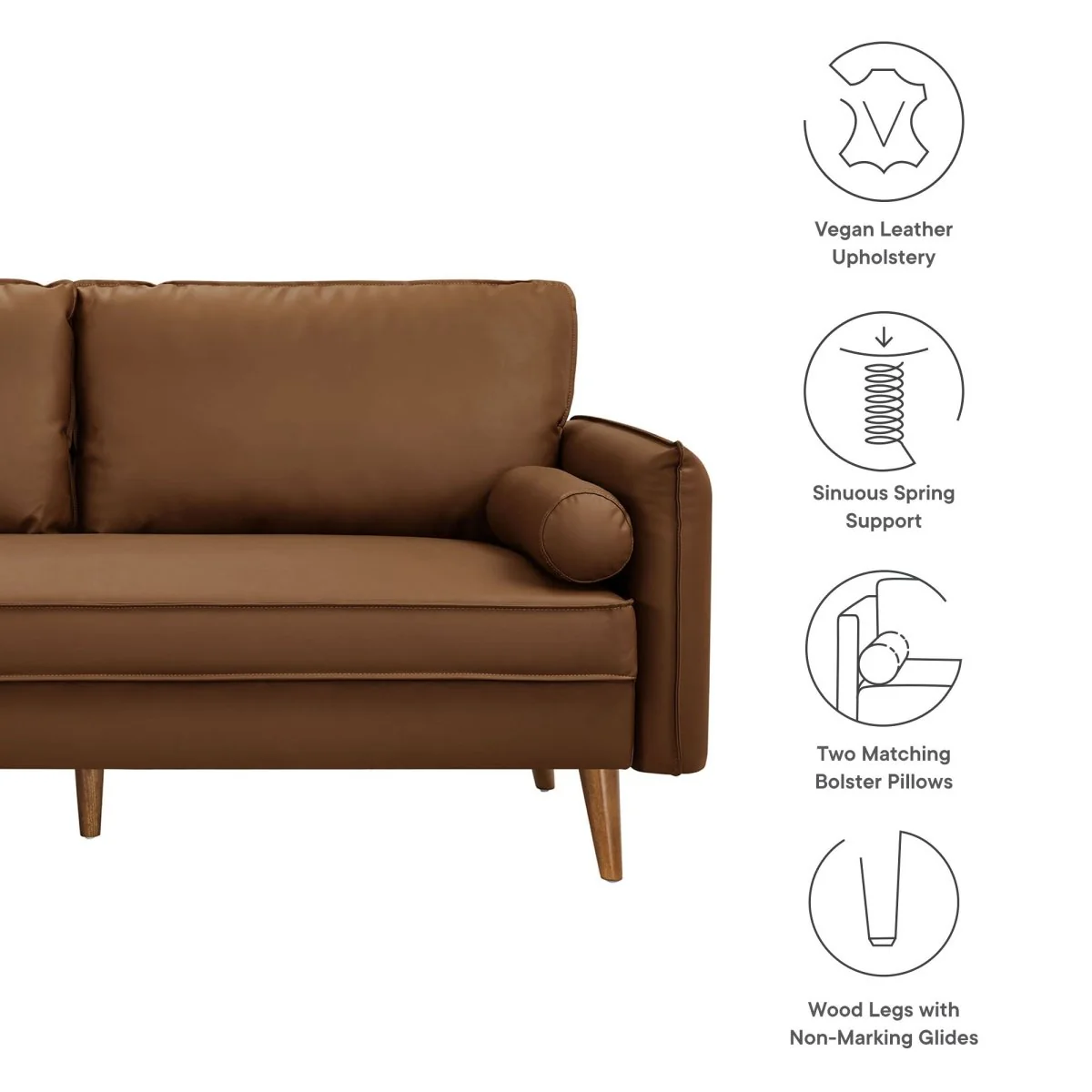 Mid-Century Modern Vegan Leather Sofa with Bolster Pillows - Image 2