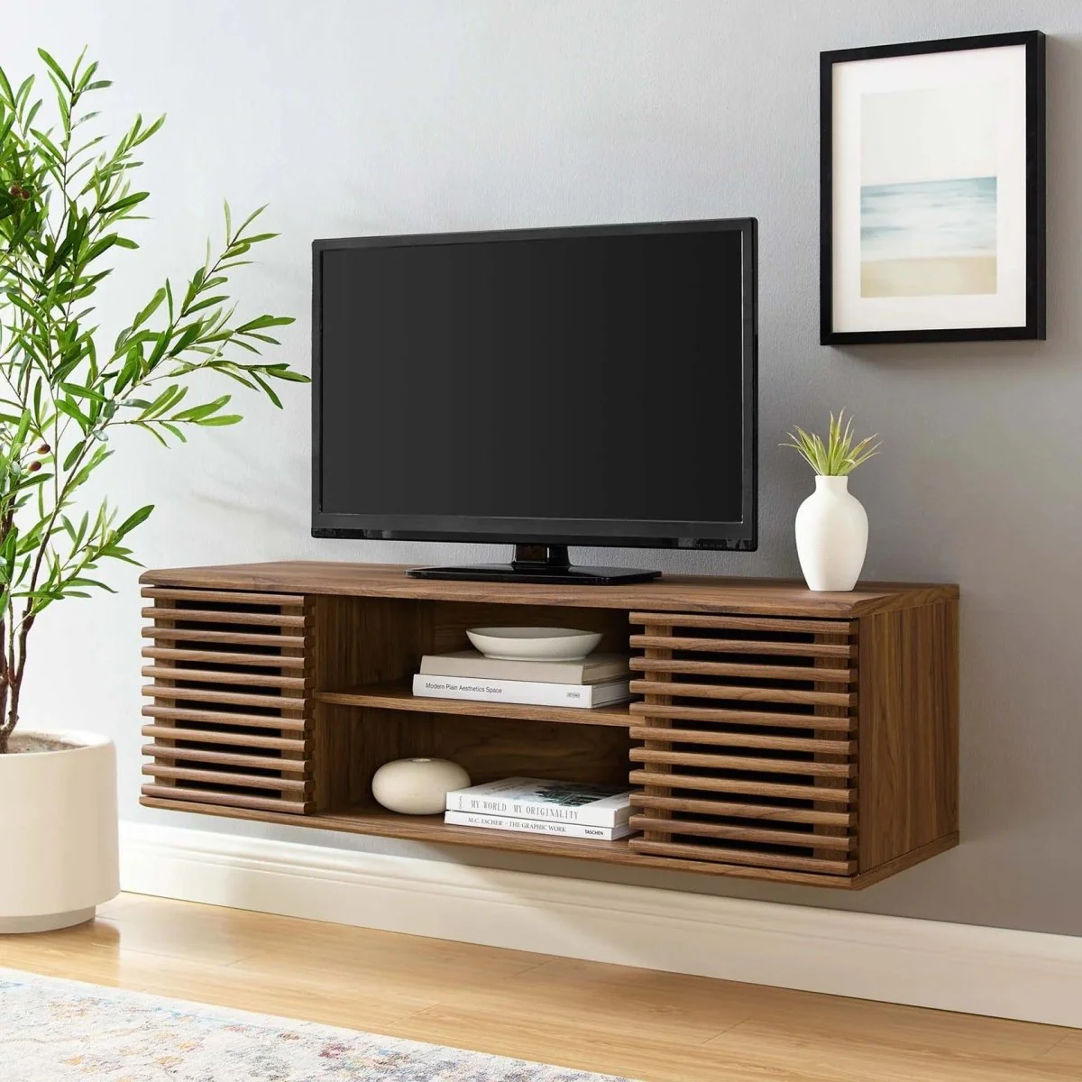 Mid Century Modern Wall Mount TV Stand with Sliding Doors and Storage 46 Inch - Image 7
