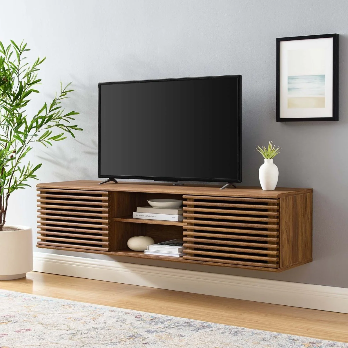 Mid Century Modern Wall Mount TV Stand with Sliding Doors and Storage 60 Inch - Image 6