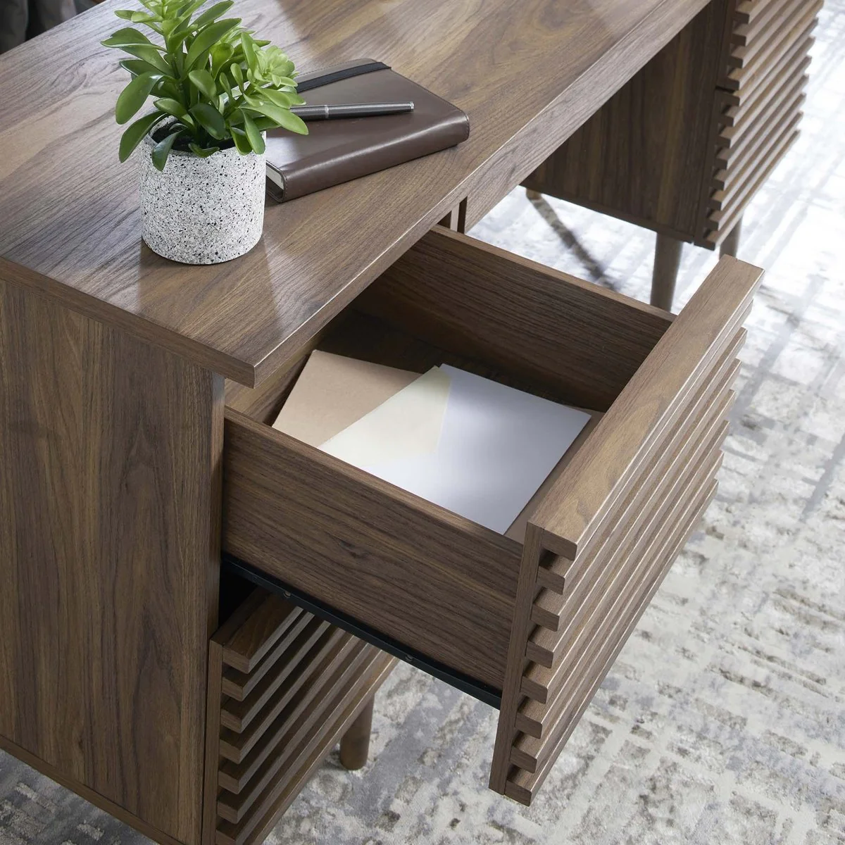 61" Walnut Mid-Century Office Desk with Drawers - Image 3