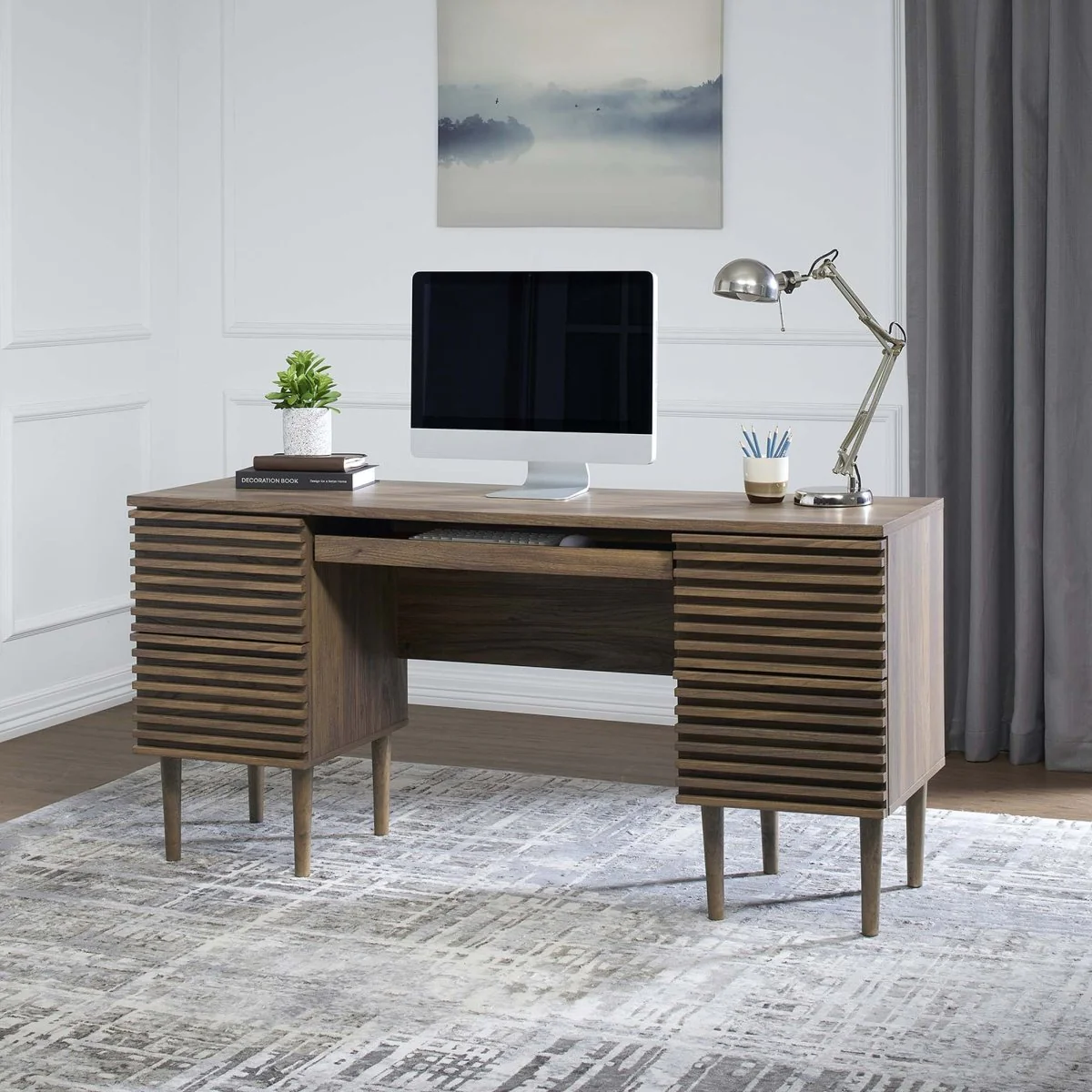 61" Walnut Mid-Century Office Desk with Drawers - Image 9