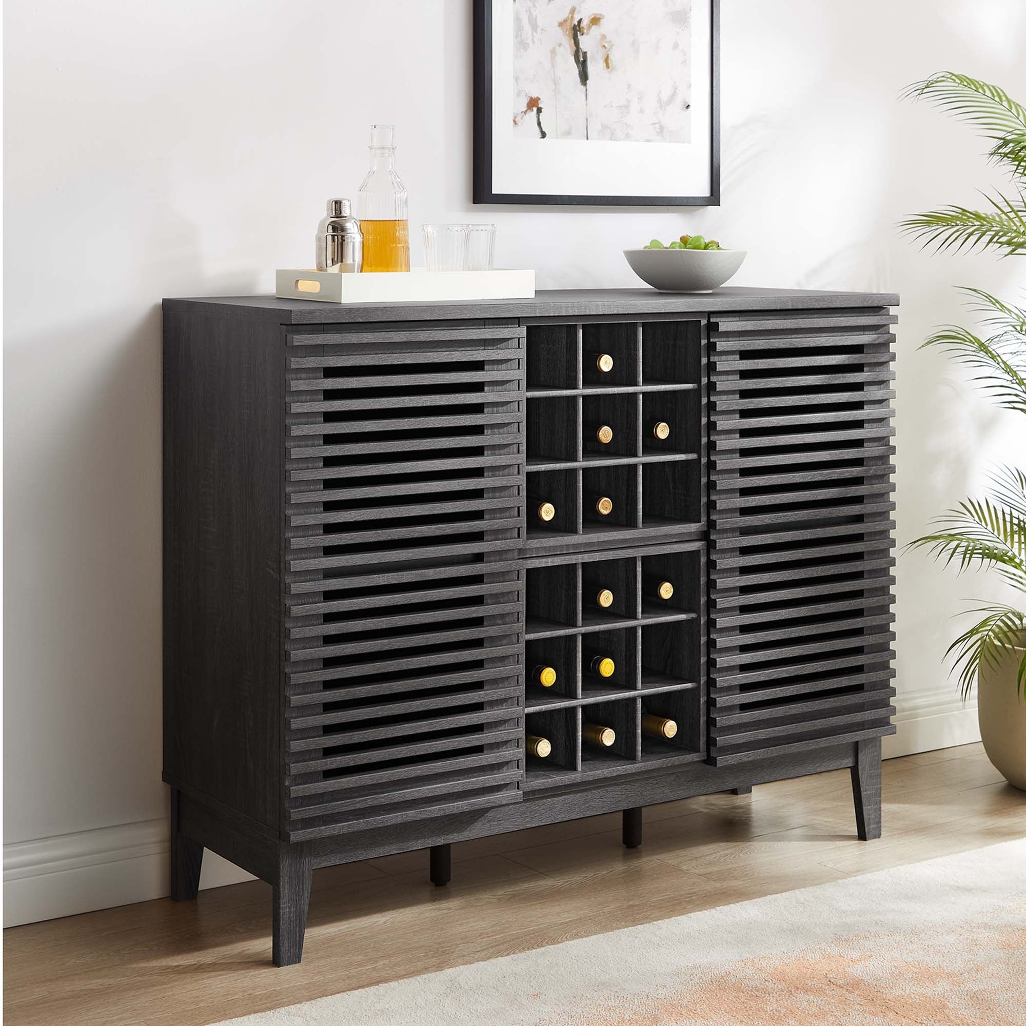 Mid-Century Slatted Door Bar Cabinet – Walnut 46 Inch - Image 2