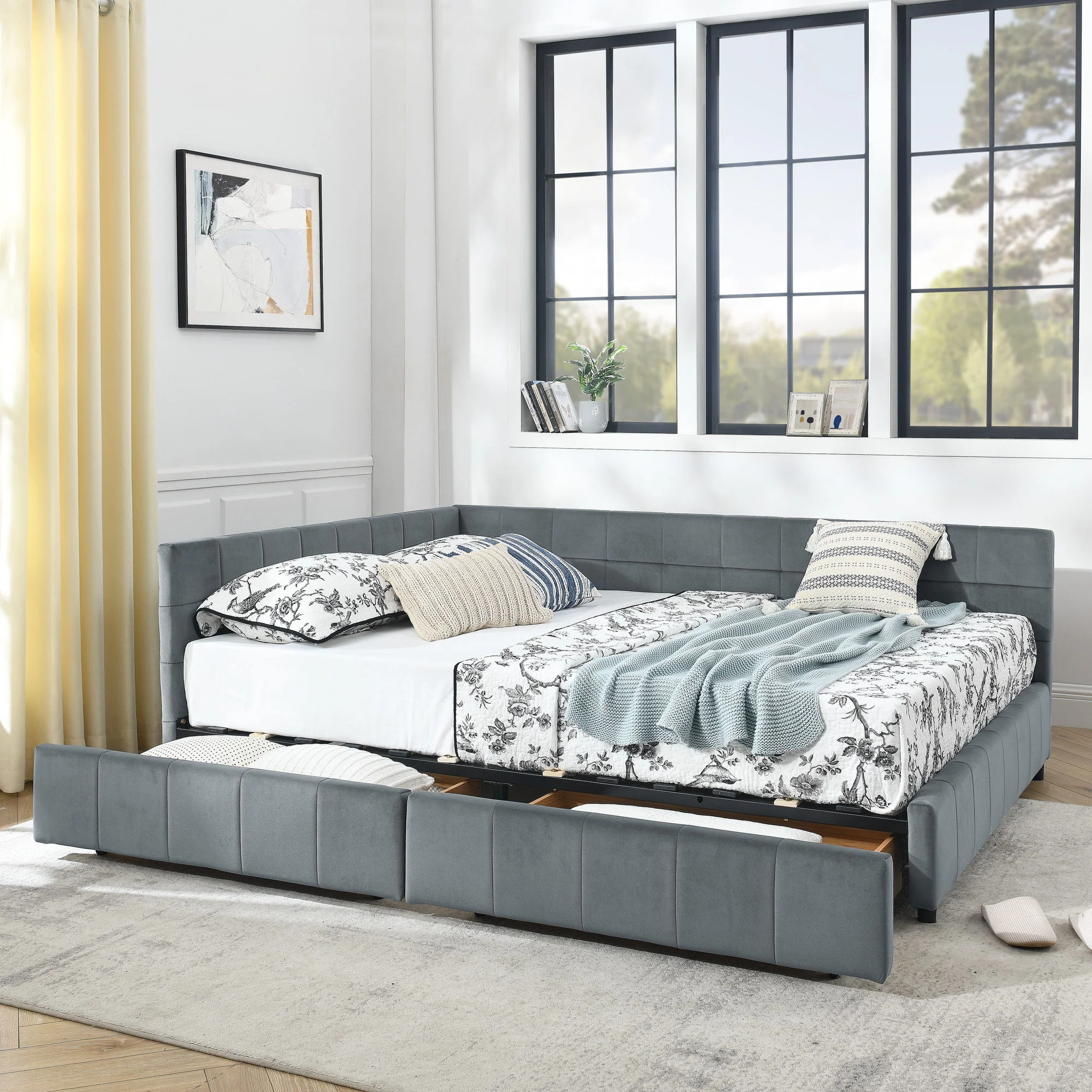 Mid-Century Storage Upholstered Tufted Bed Frame With Backrest And Armrests - Image 106