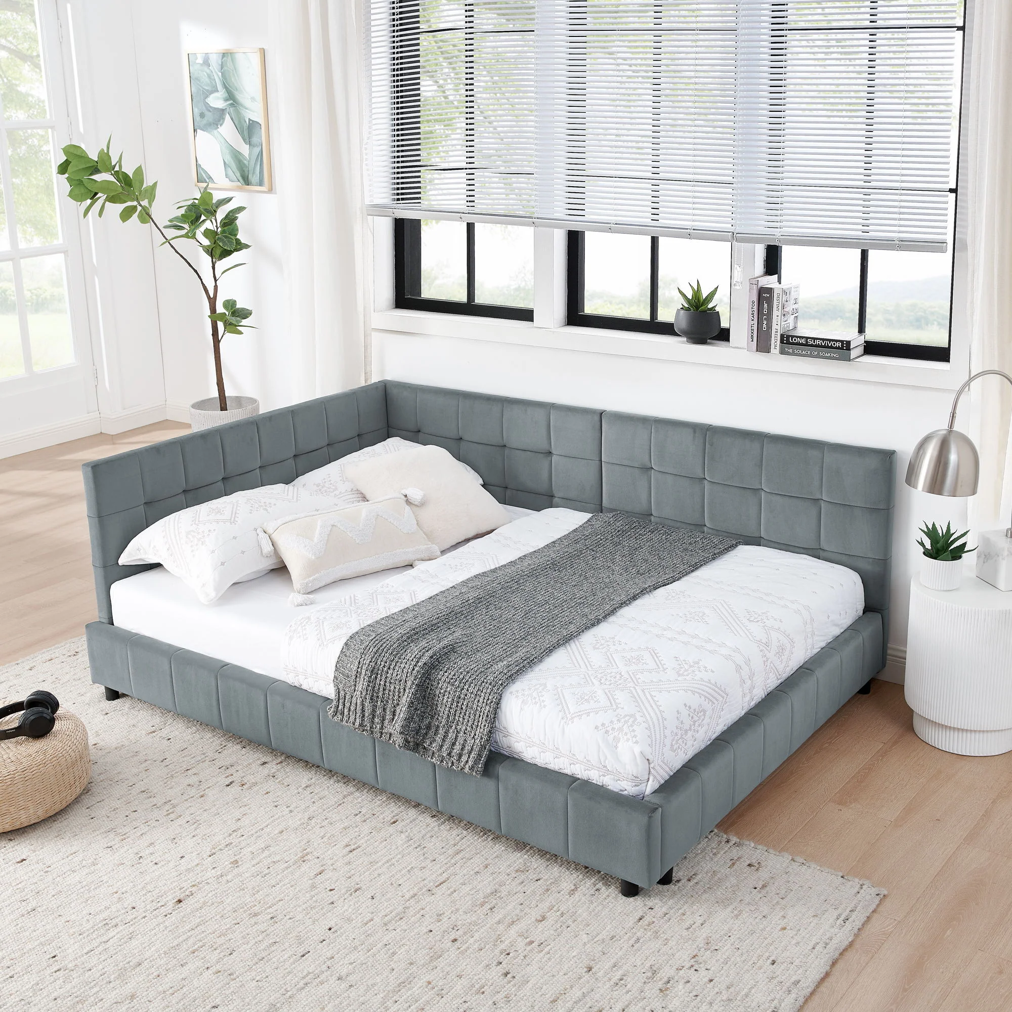 Mid-Century Storage Upholstered Tufted Bed Frame With Backrest And Armrests - Image 107