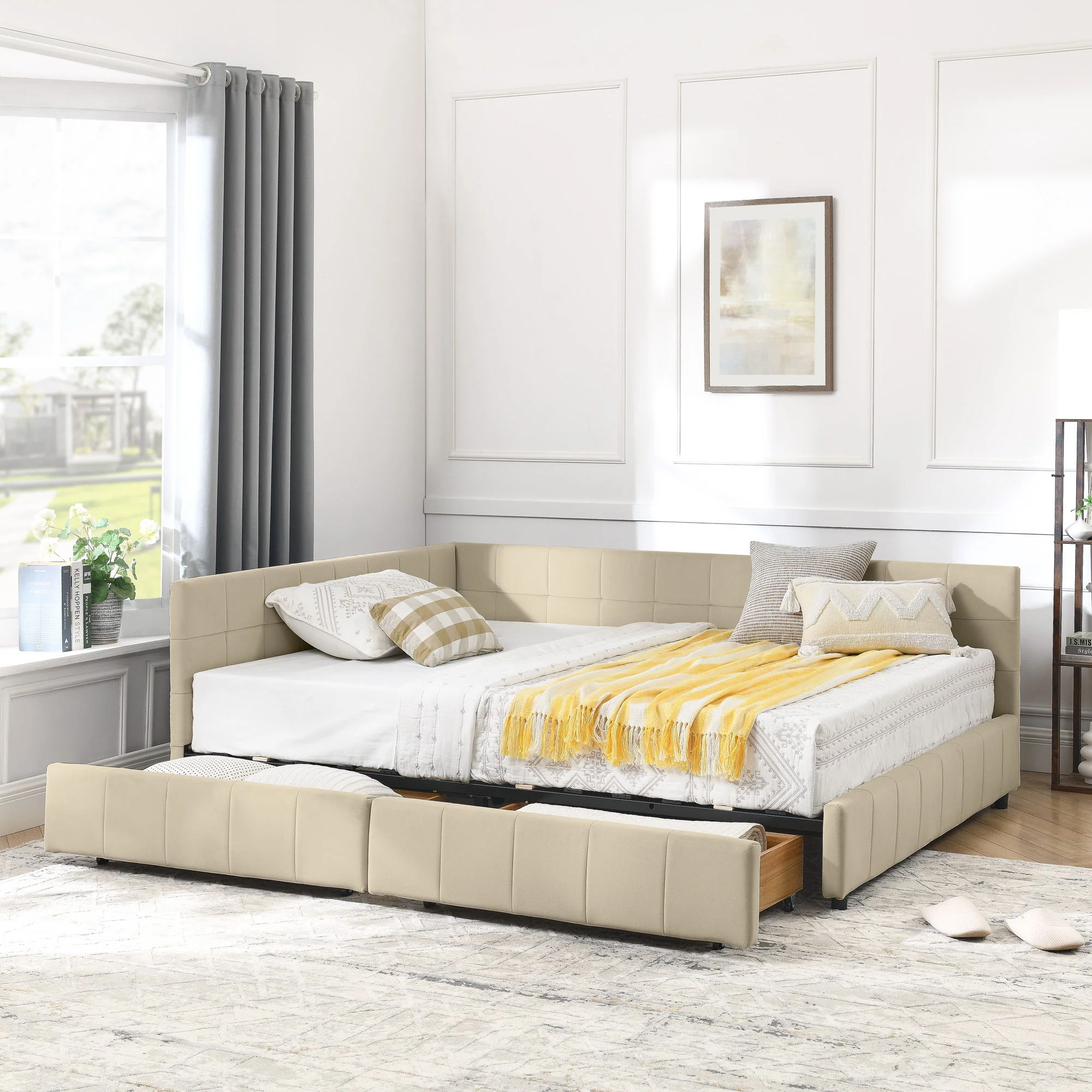 Mid-Century Storage Upholstered Tufted Bed Frame With Backrest And Armrests - Image 156