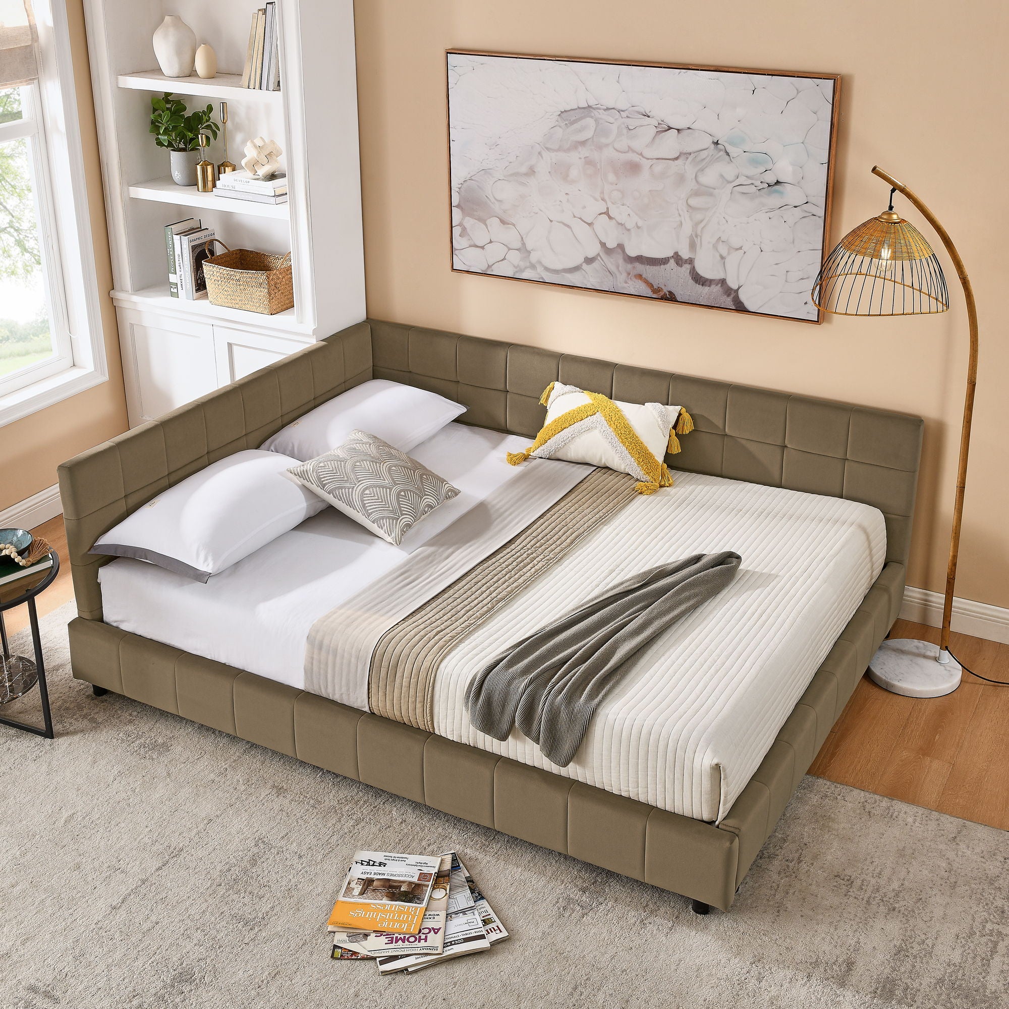 Mid-Century Storage Upholstered Tufted Bed Frame With Backrest And Armrests - Image 25