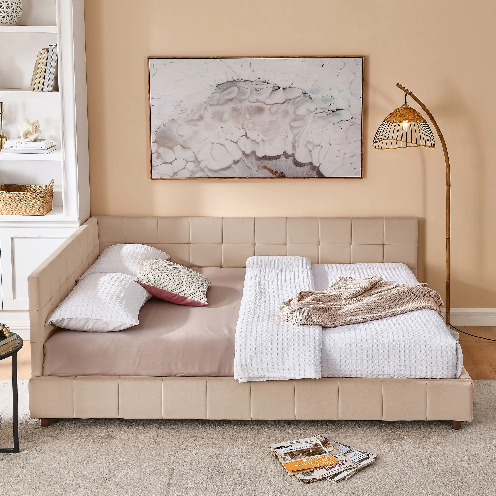 Mid-Century Storage Upholstered Tufted Bed Frame With Backrest And Armrests - Image 37