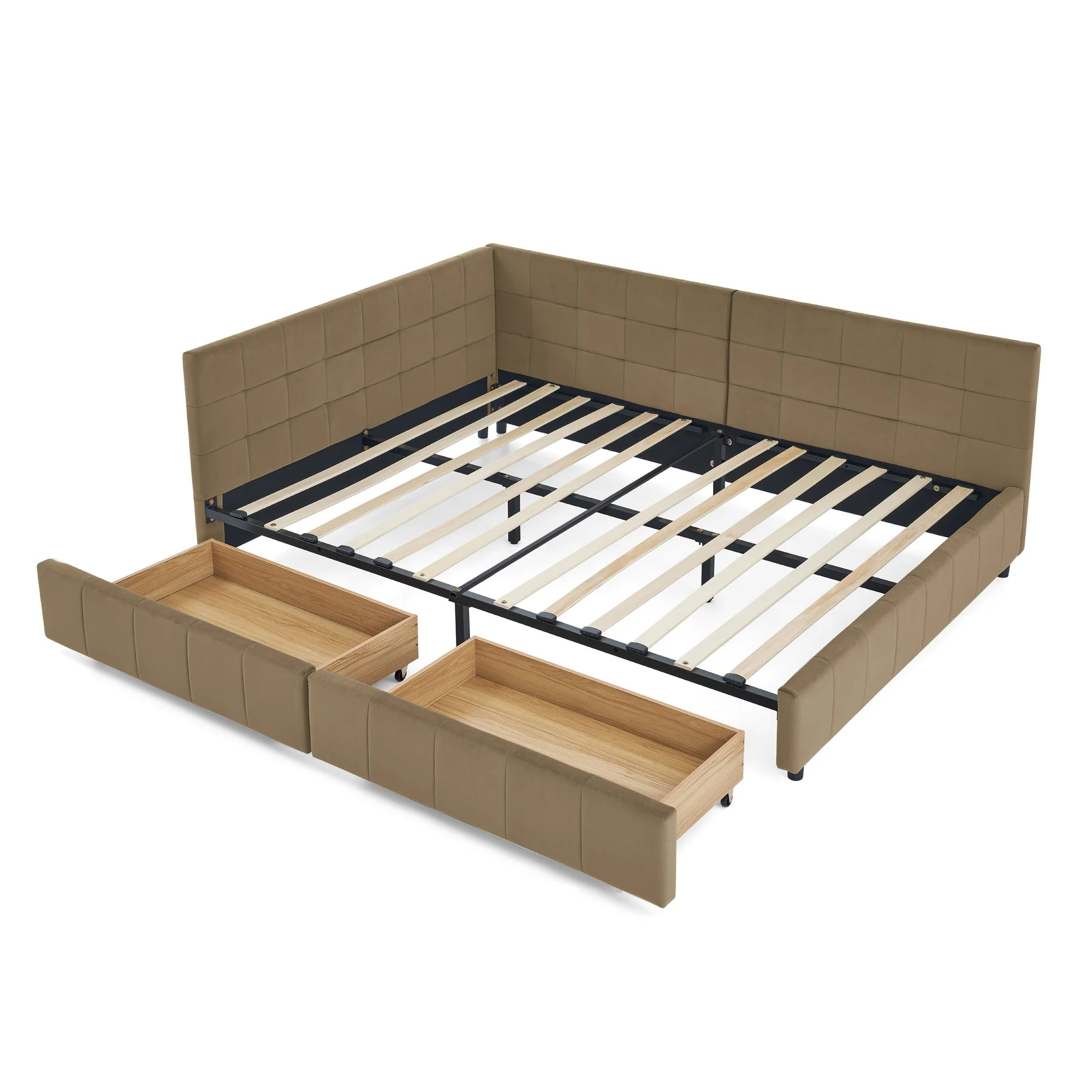 Mid-Century Storage Upholstered Tufted Bed Frame With Backrest And Armrests - Image 6