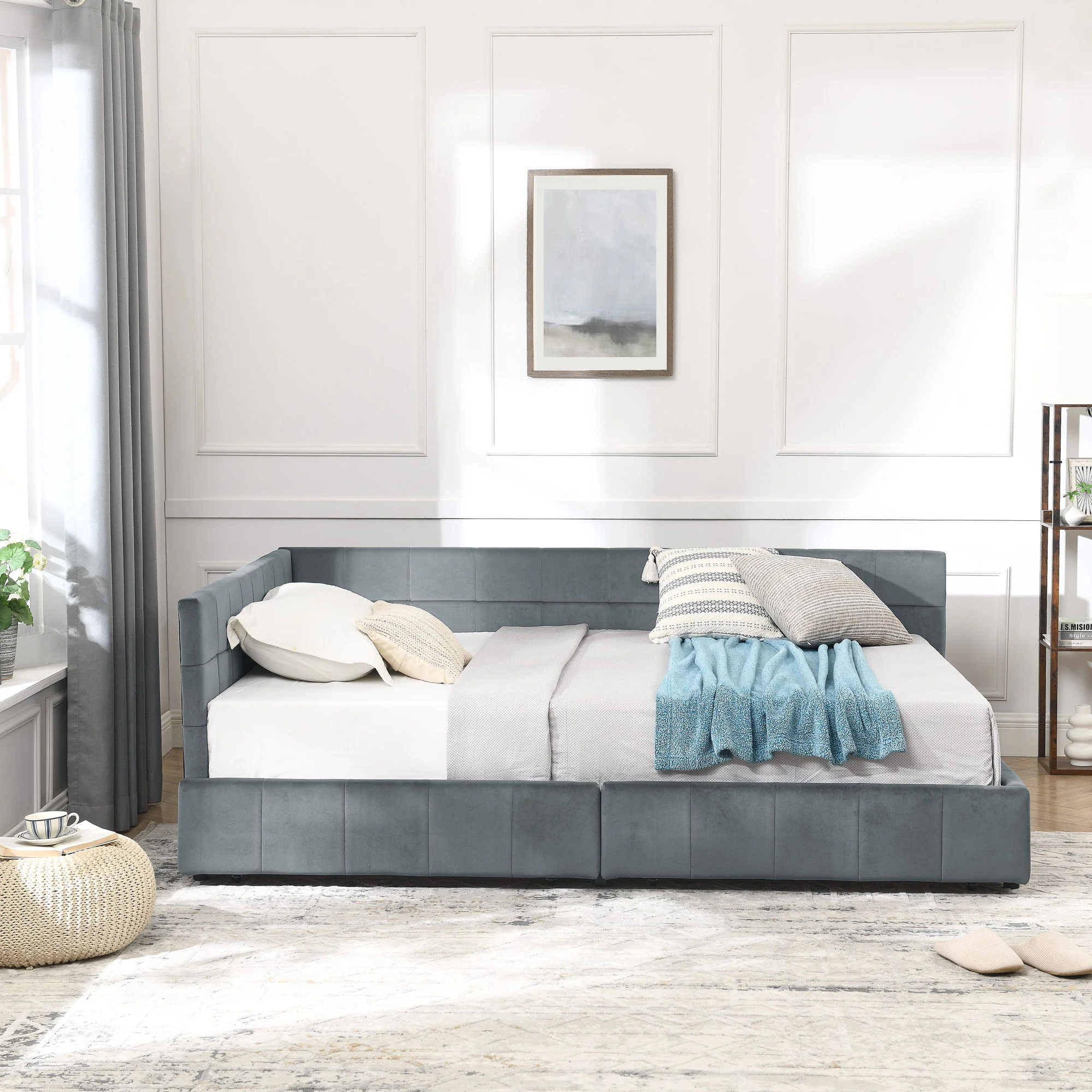 Mid-Century Storage Upholstered Tufted Bed Frame With Backrest And Armrests - Image 64