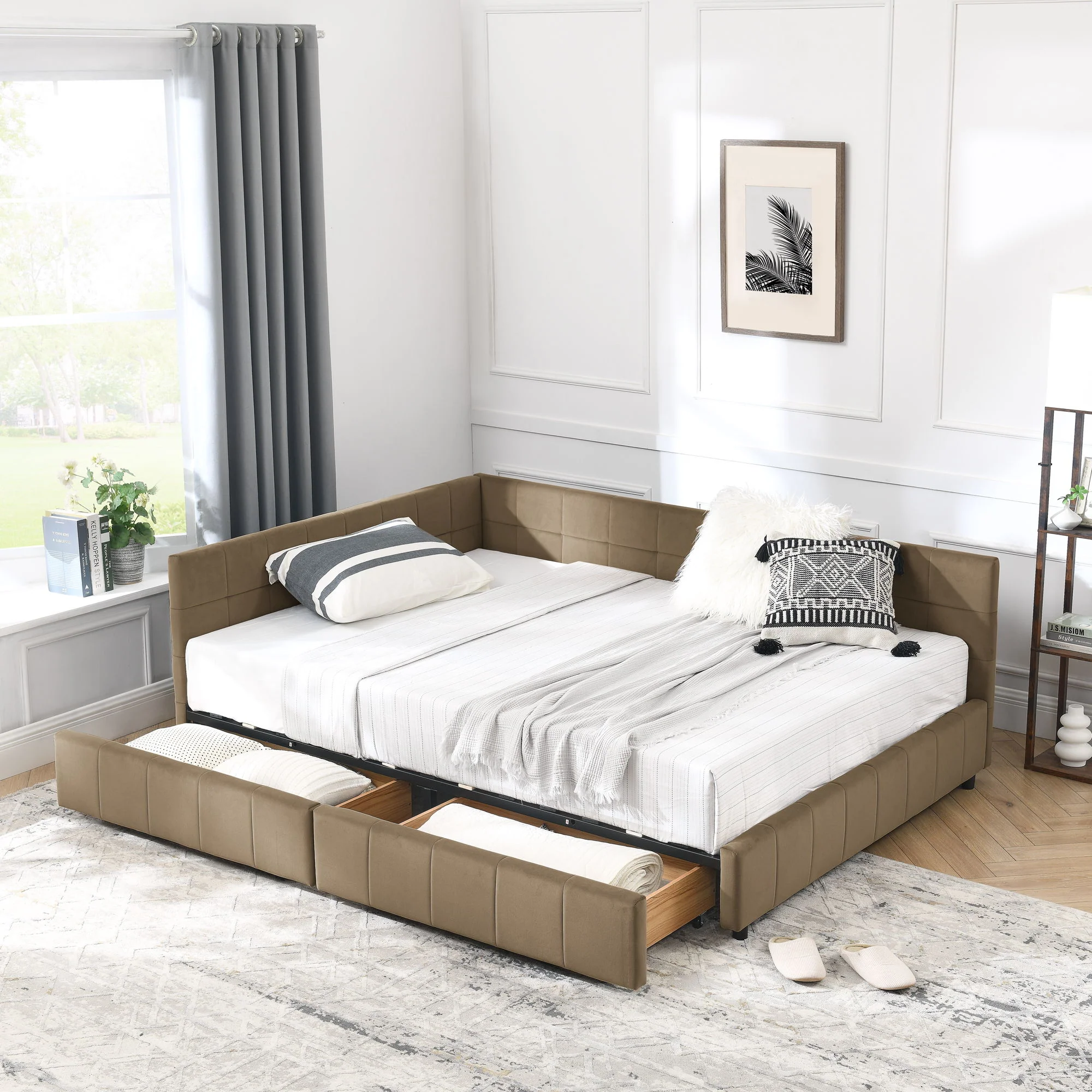Mid-Century Storage Upholstered Tufted Bed Frame With Backrest And Armrests - Image 65
