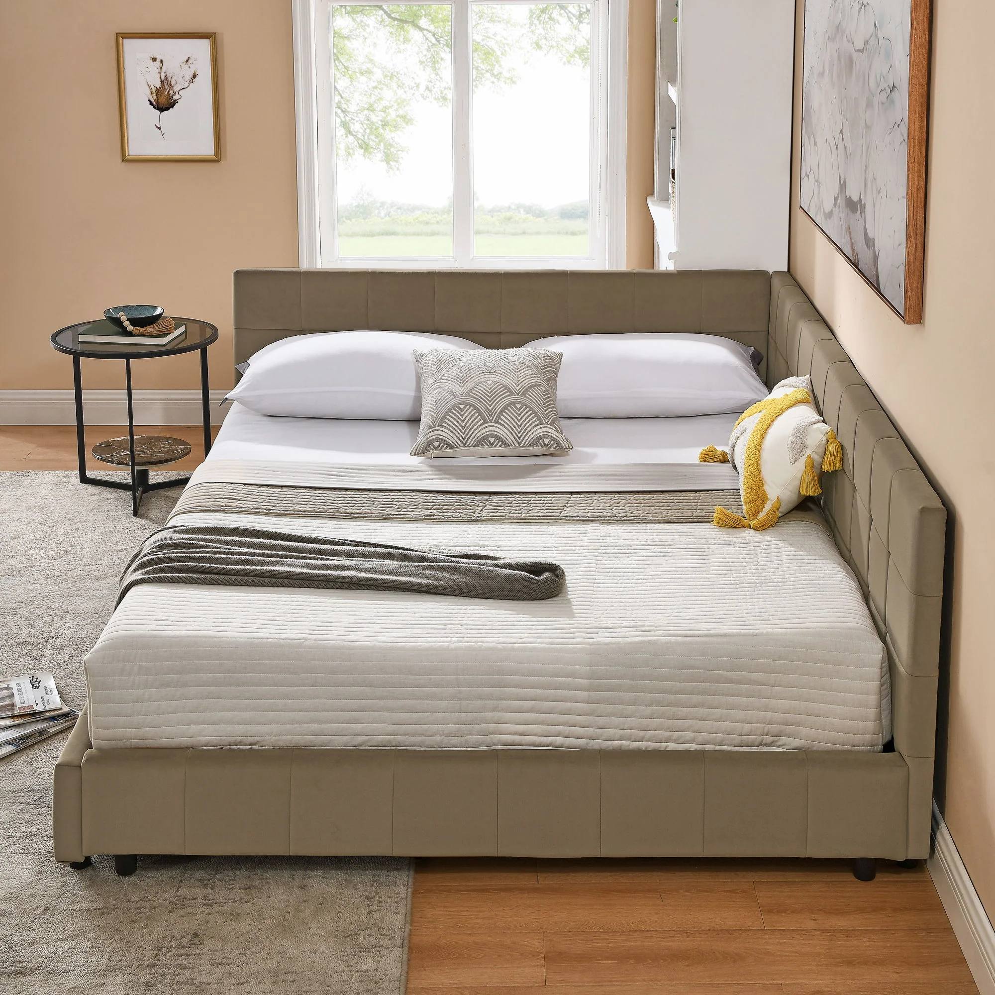 Mid-Century Storage Upholstered Tufted Bed Frame With Backrest And Armrests - Image 89