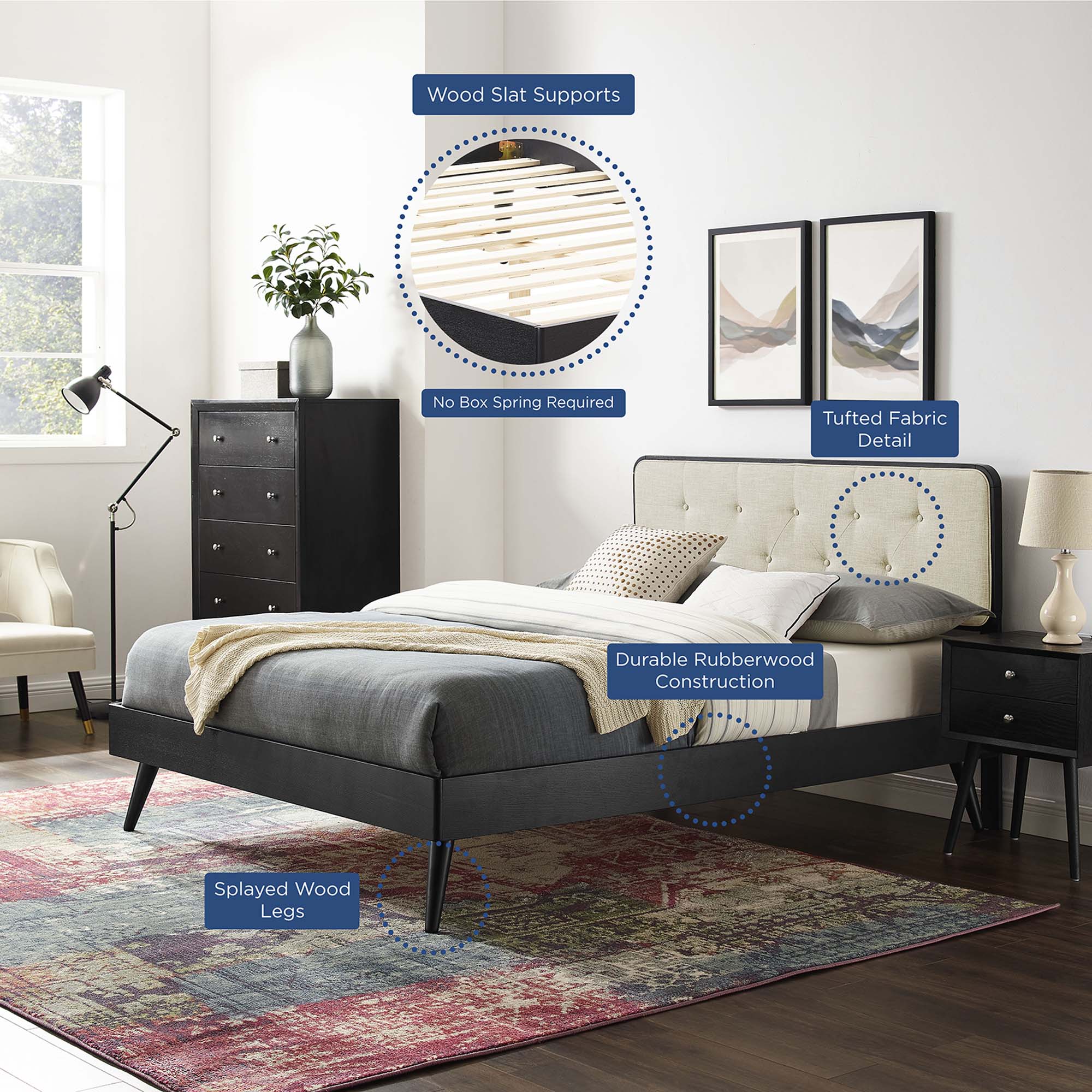 Mid Century Tufted Wood Platform Bed with Splayed Legs - Image 40