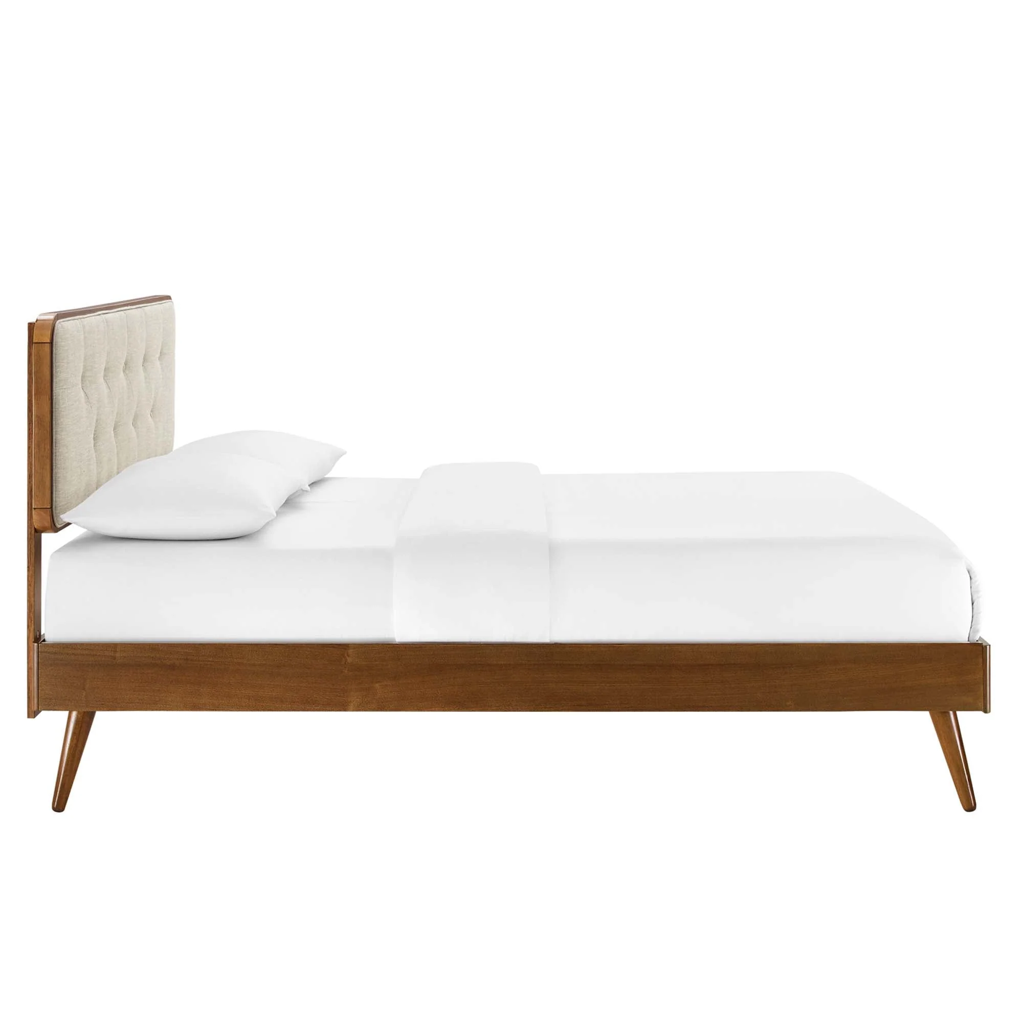 Mid Century Tufted Wood Platform Bed with Splayed Legs - Image 53