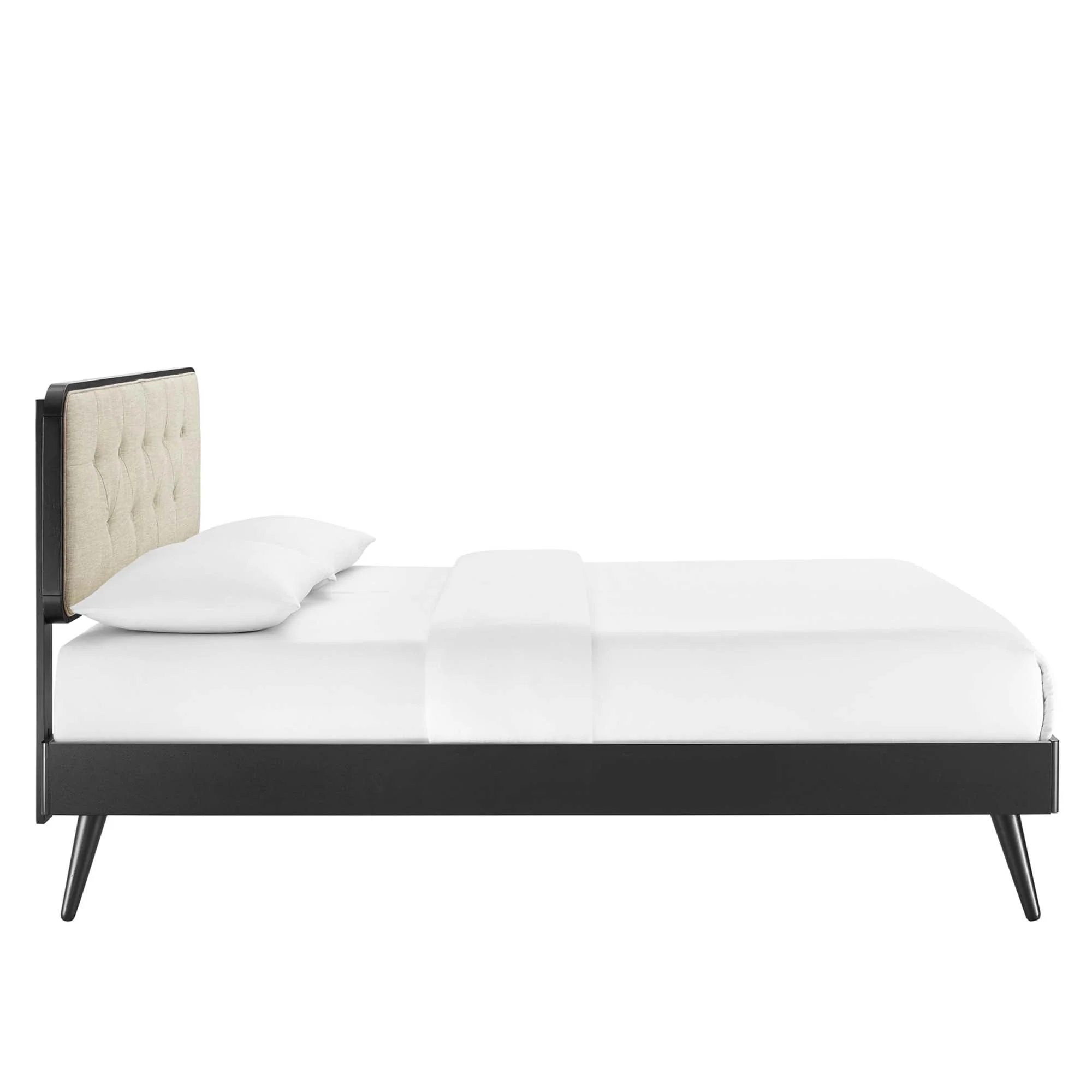 Mid Century Tufted Wood Platform Bed with Splayed Legs - Image 59