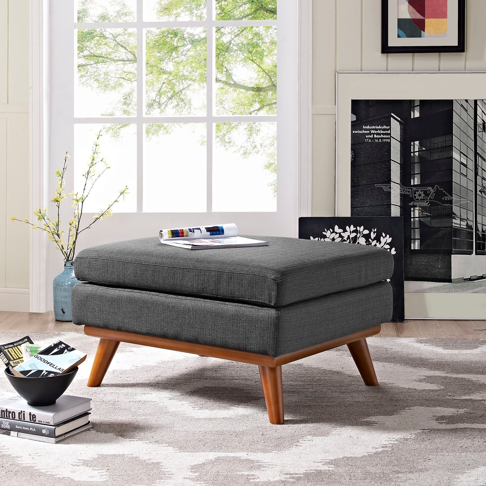 Mid Century Upholstered Fabric Ottoman with Wood Legs – 32 Inch - Image 12