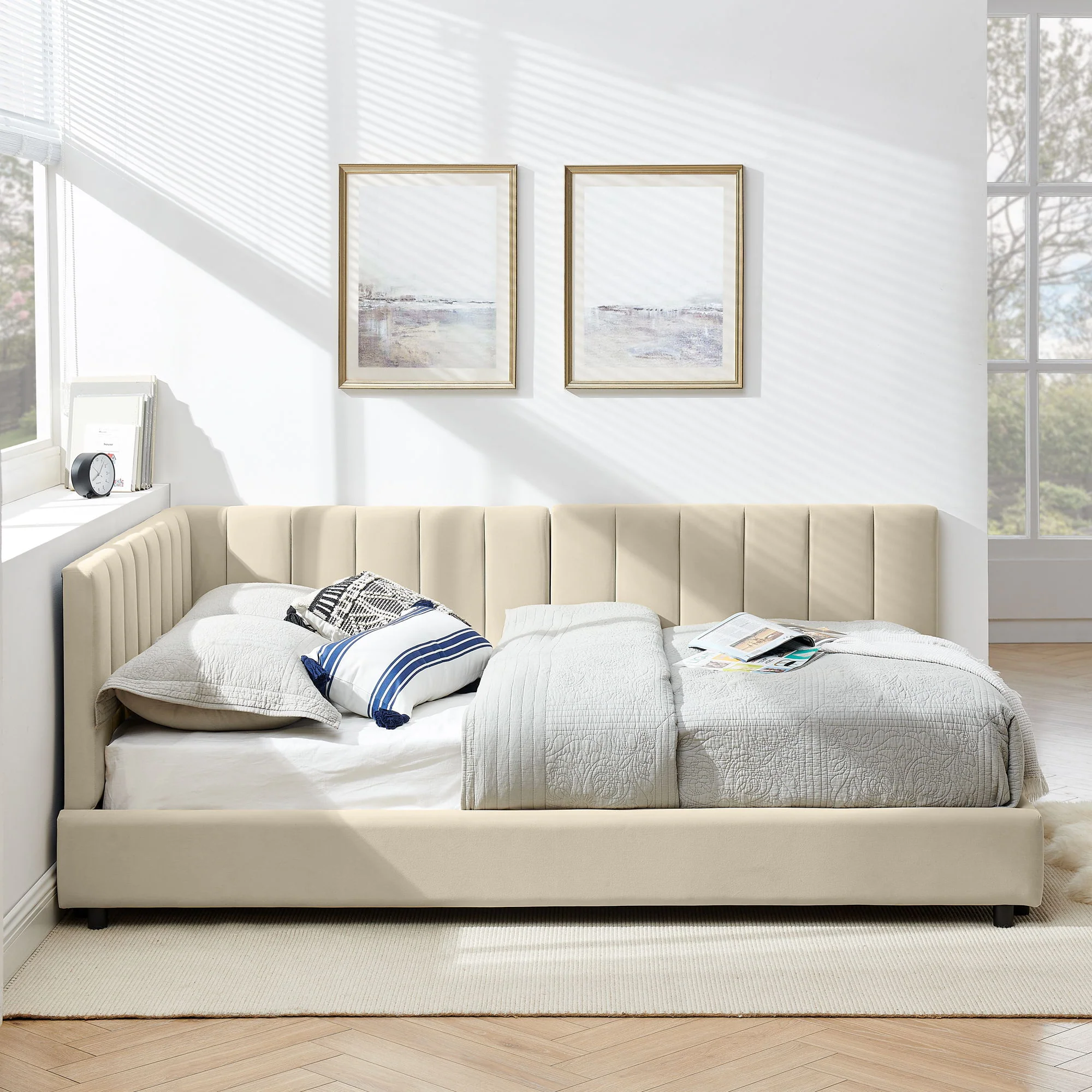 Mid-Century Upholstered Tufted Bed Frame With Backrest And Armrests - Image 8