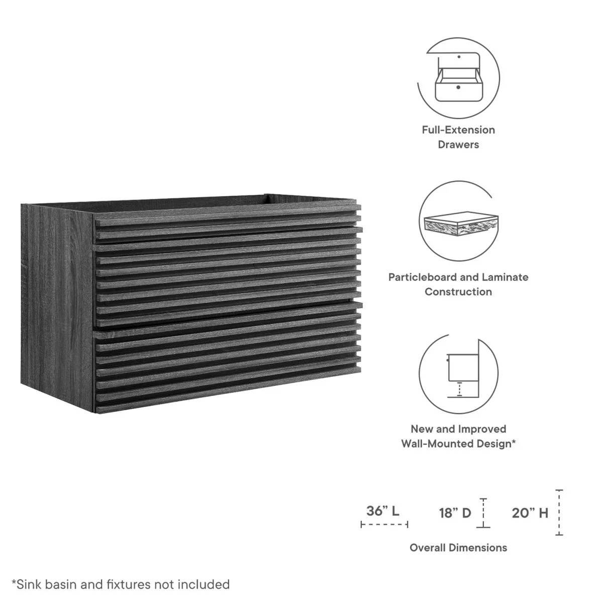 Mid-Century Wall-Mount Bathroom Vanity Cabinet — Available in Multiple Sizes and Finishes - Image 163