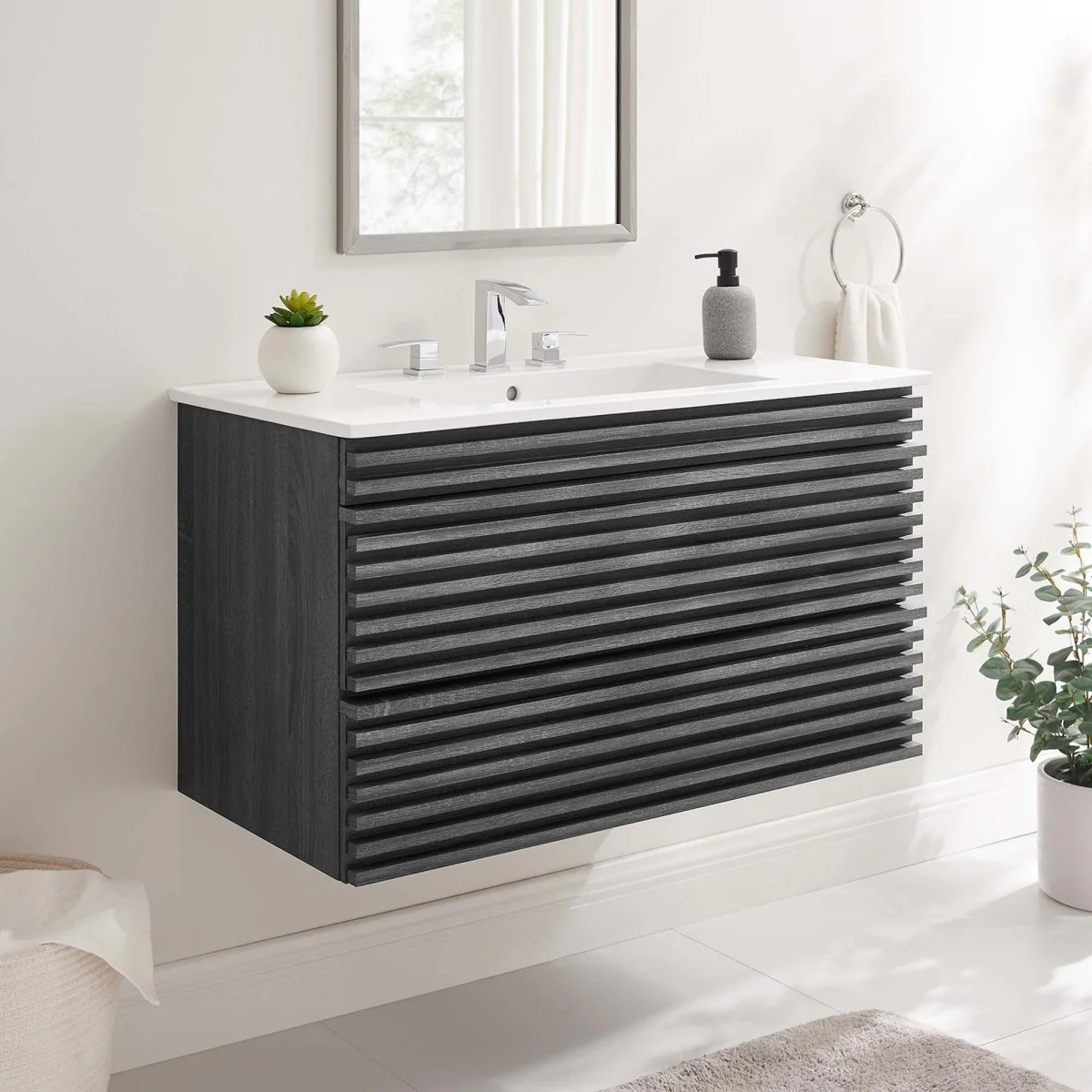 Mid-Century Wall-Mount Bathroom Vanity with Sink, Floating Modern Design - Image 159