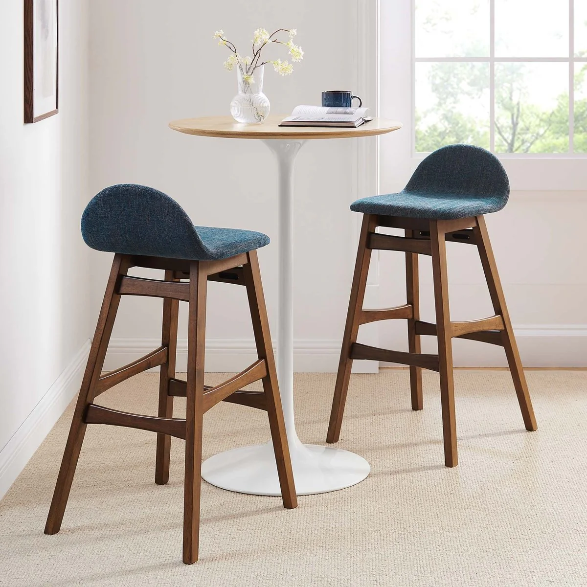 Mid-Century Wood and Heathered Fabric Bar Stool Set of 2 – 36.5 Inch - Image 5