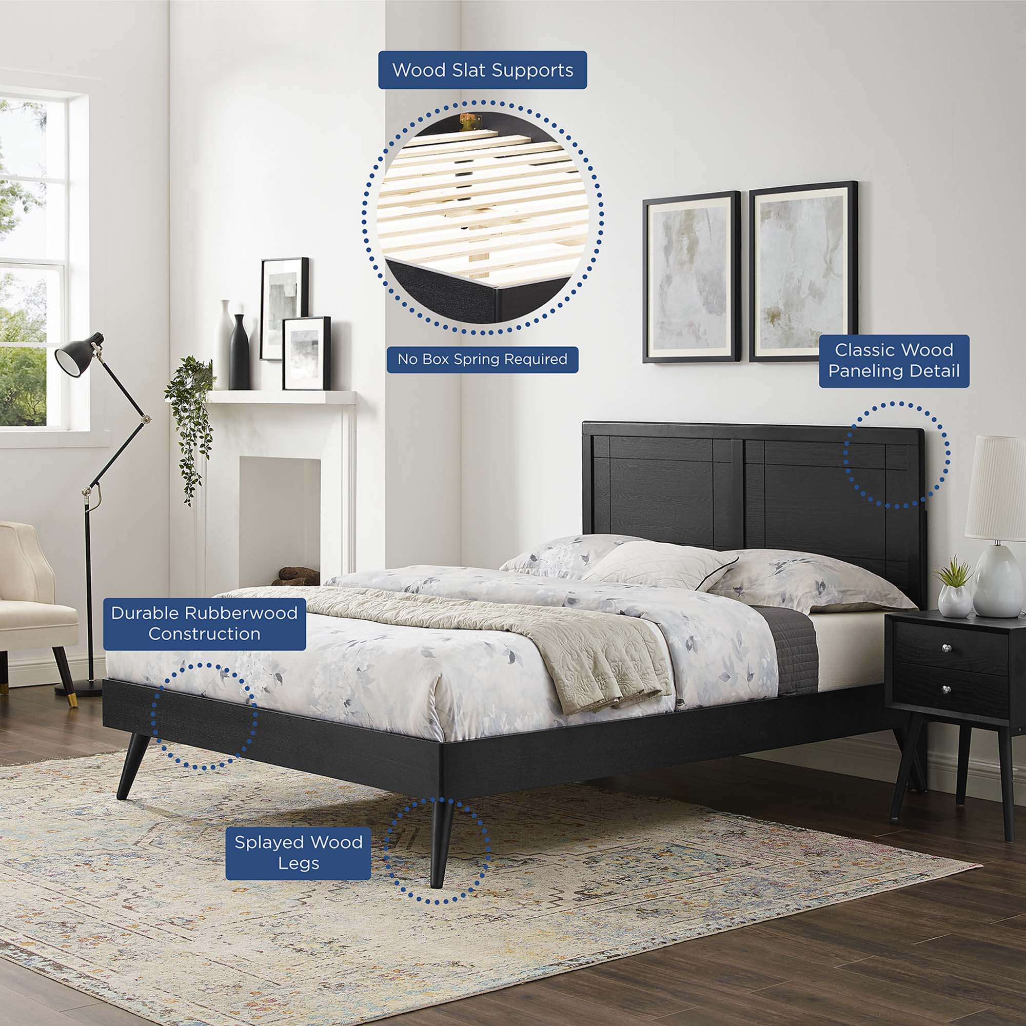 Mid-Century Wood Platform Bed with Window Pane Headboard - Image 53