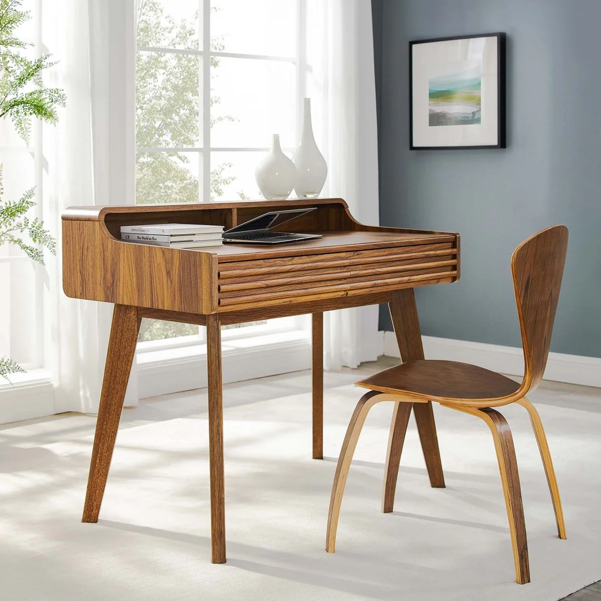 Mid-Century Writing Desk with Storage Drawers and Spacious Work Surface - Image 9