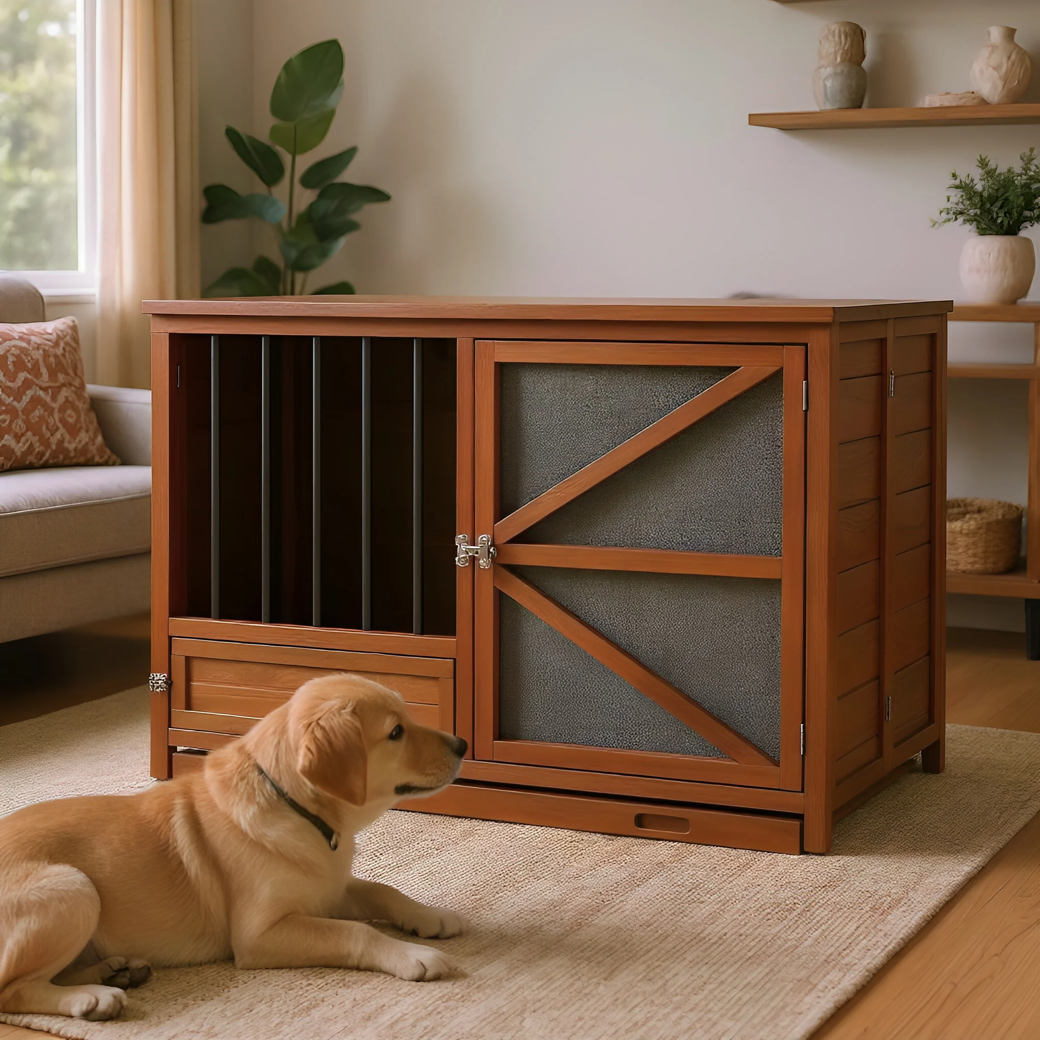 Milo Portable Solid Wood Foldable Dog Crate with 360° Swivel Feeder and End Table Top - Image 18