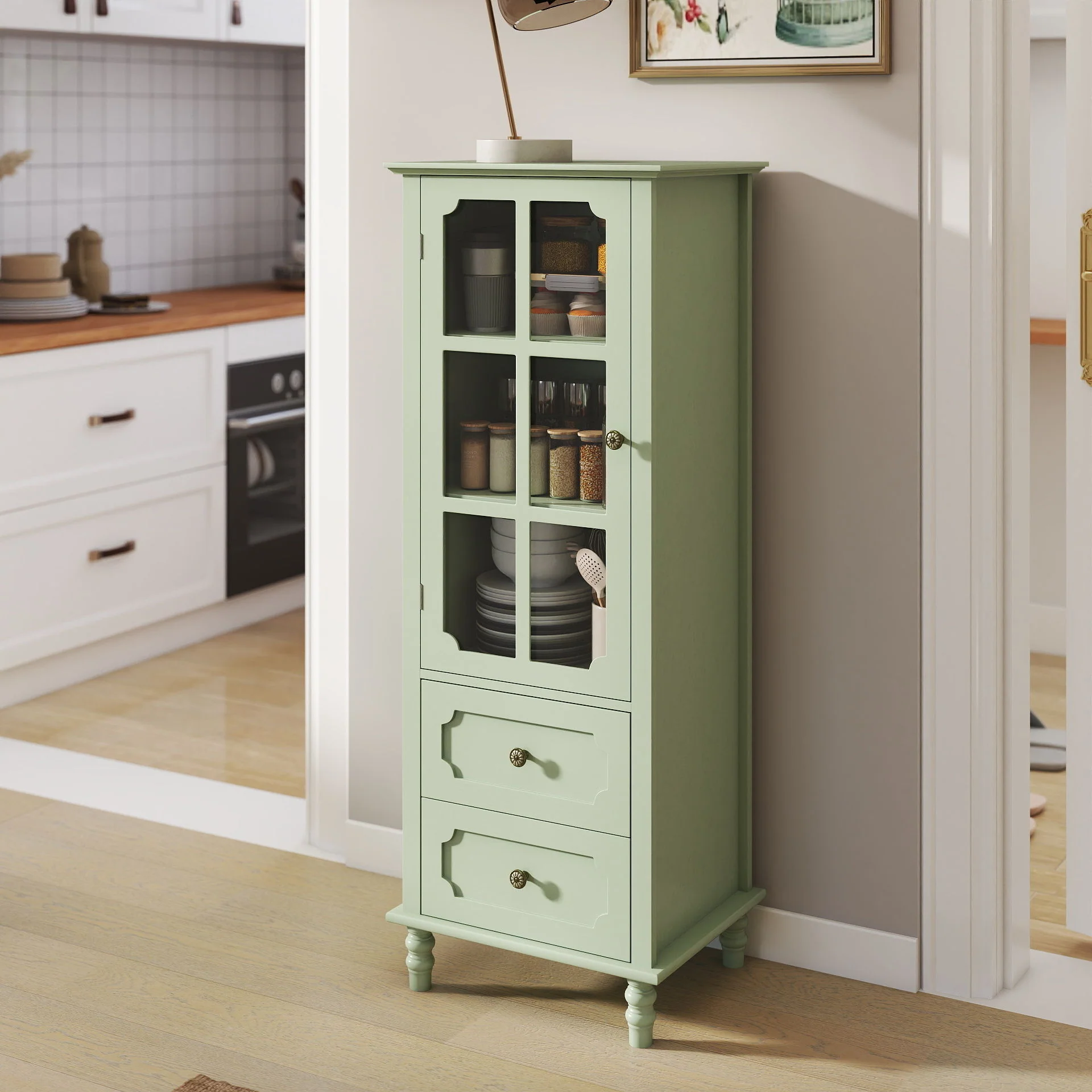 Minimalism Buffet Cabinet With Glass Doors And Double Drawer - Image 16