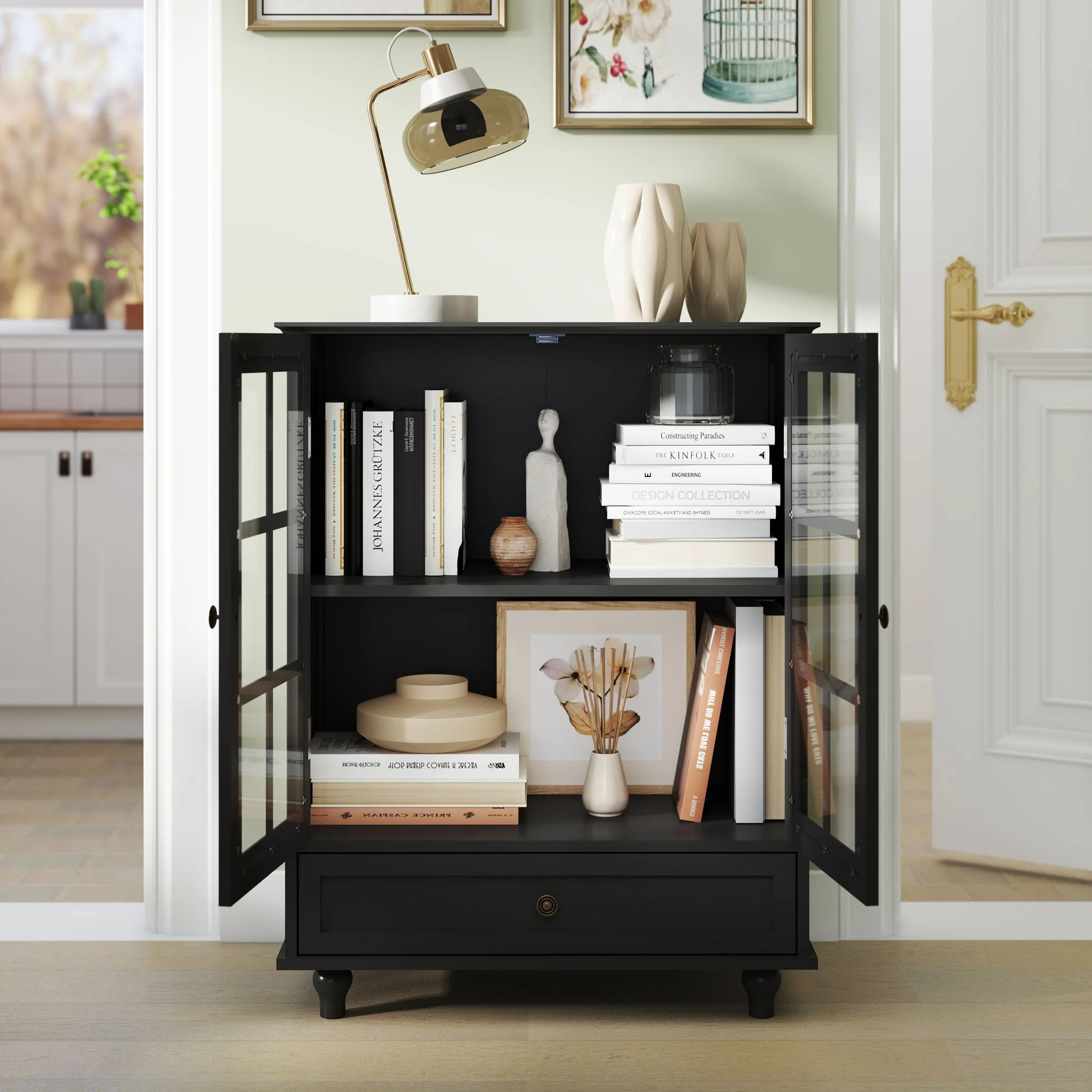Minimalist Buffet Cabinet With Double Glass Doors And Drawer - Image 10