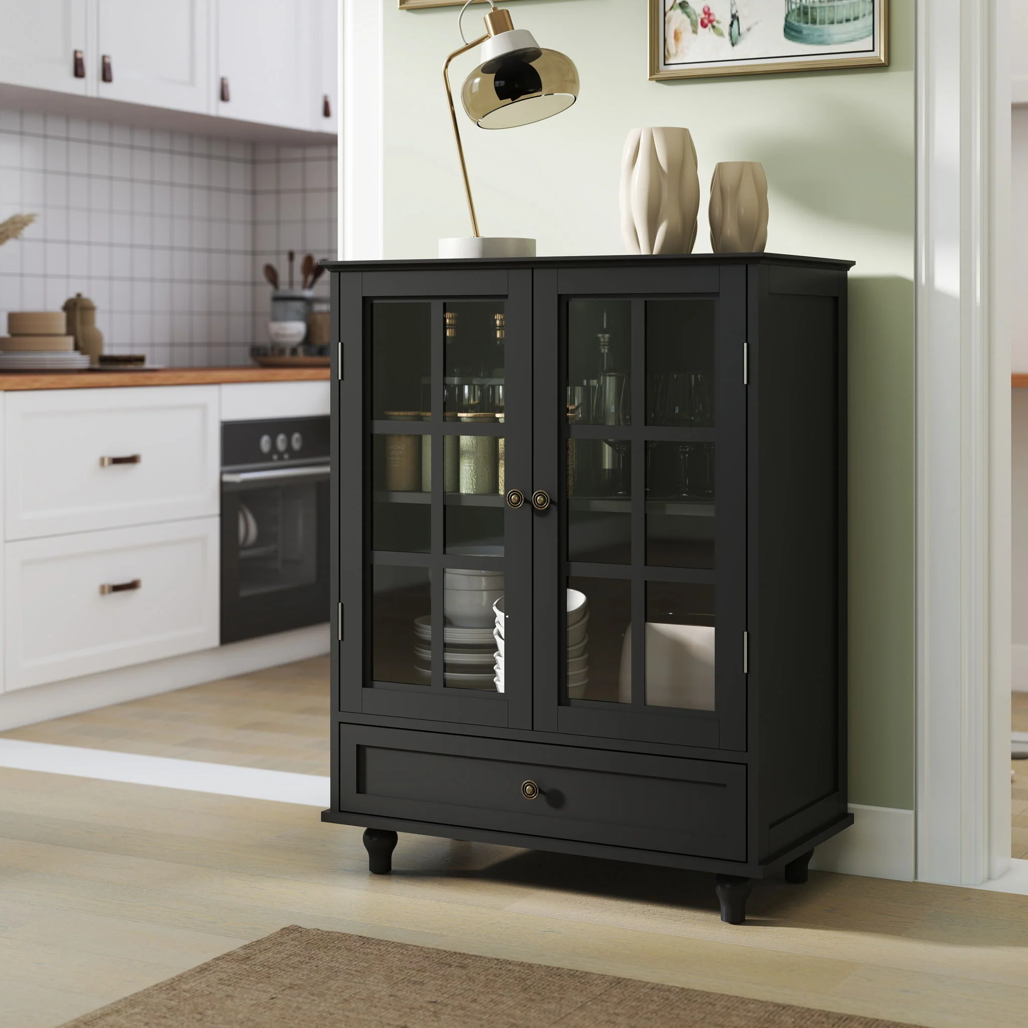 Minimalist Buffet Cabinet With Double Glass Doors And Drawer - Image 16