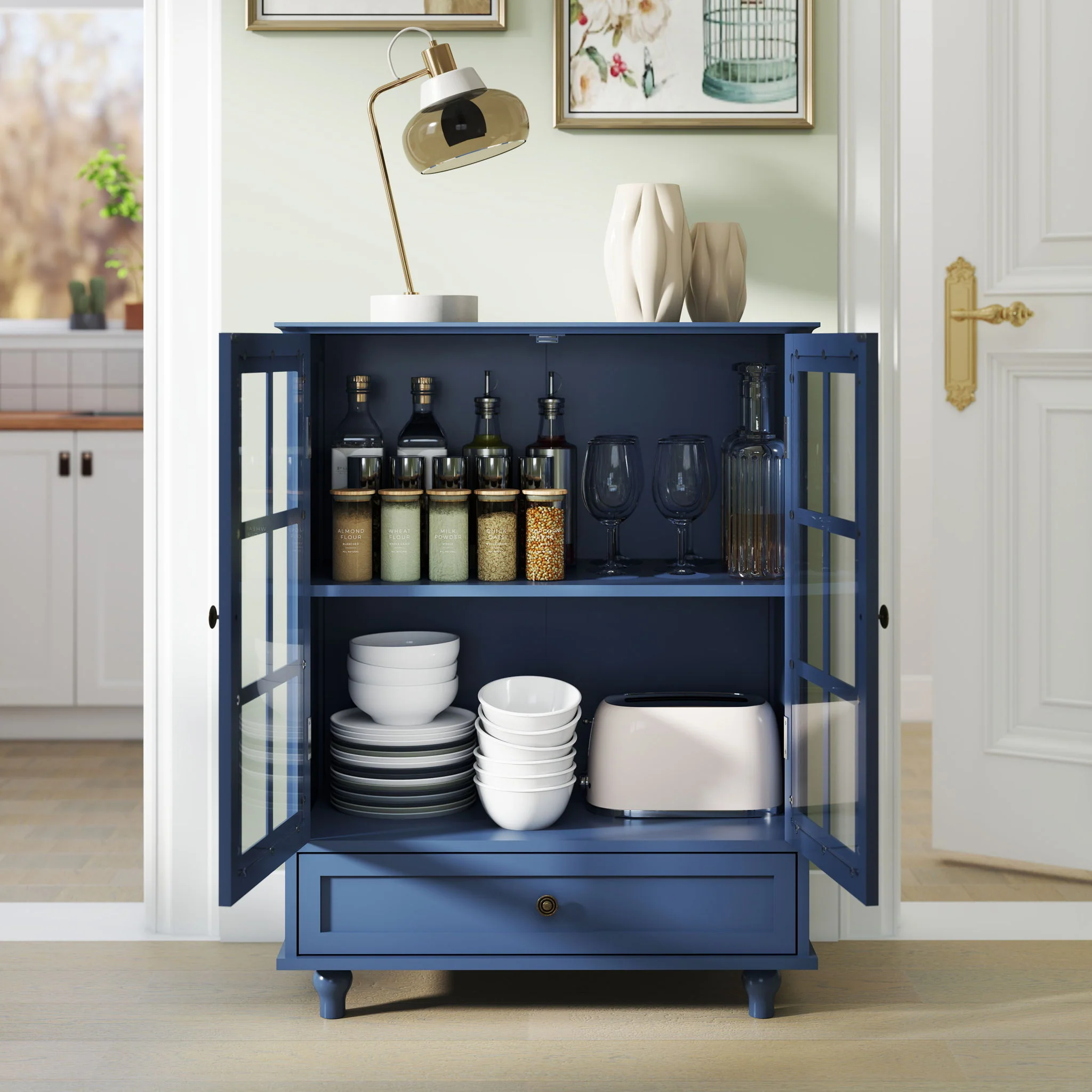 Minimalist Buffet Cabinet With Double Glass Doors And Drawer - Image 32