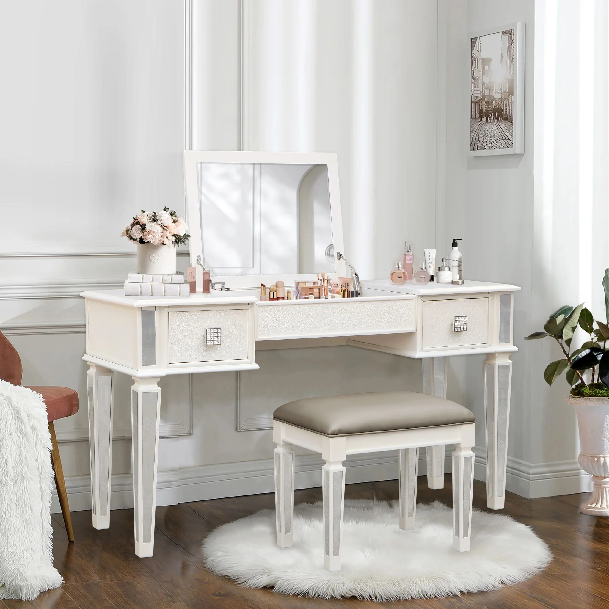 Mirrored Vanity Desk With Drawers And Stool, Flip Up Dressing Table Set For Makeup Room - Image 6