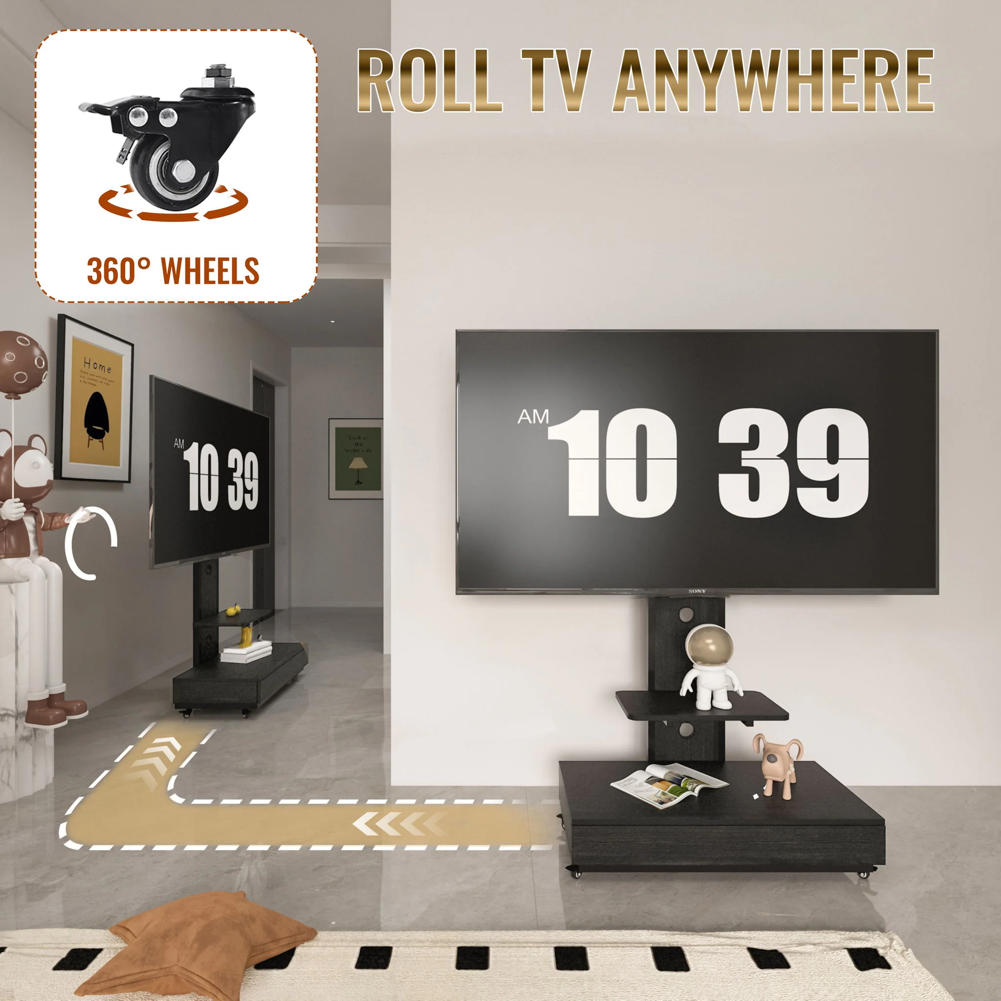 Mobile TV Cart With Push Pull Drawer, Lockable Wheels - Image 18